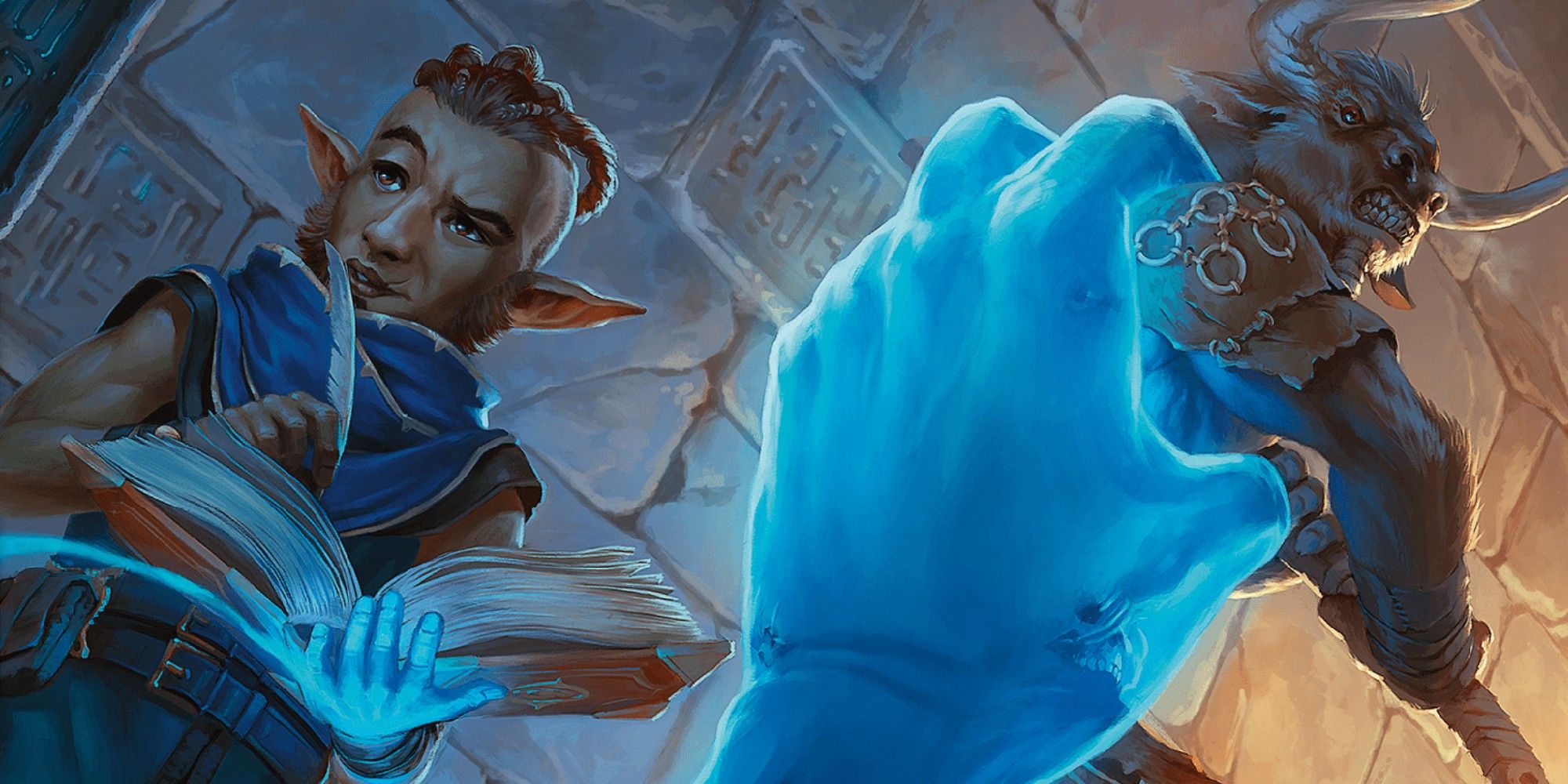 Dungeons & Dragons image showing Bigby holding a minotaur with his signature spell.