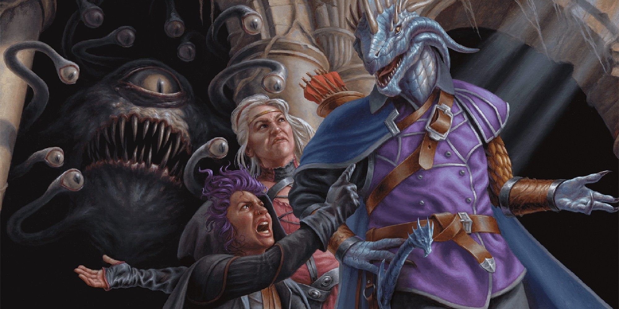 Dungeons & Dragons image showing three adventurers arguing while a beholder watches.