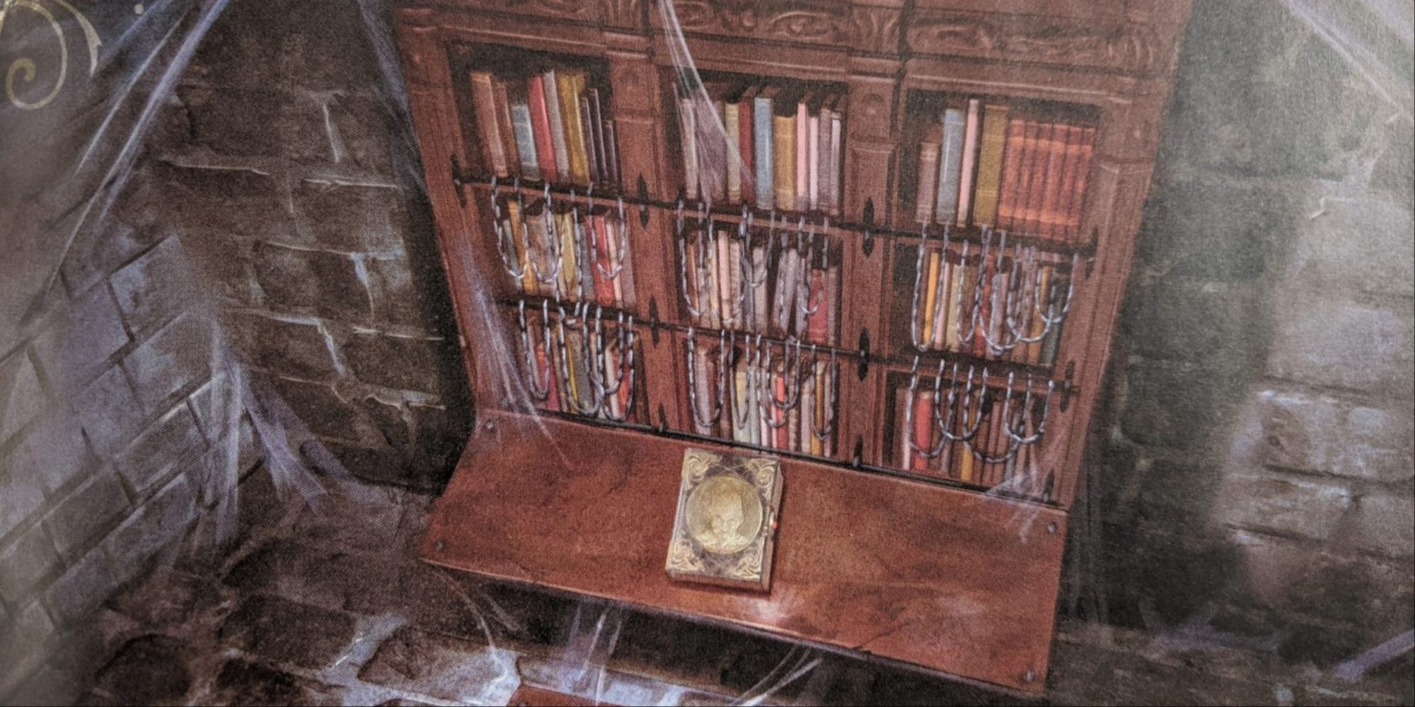 Dungeons & Dragons image showing how A large bookshelf sits chained in a dusty room.