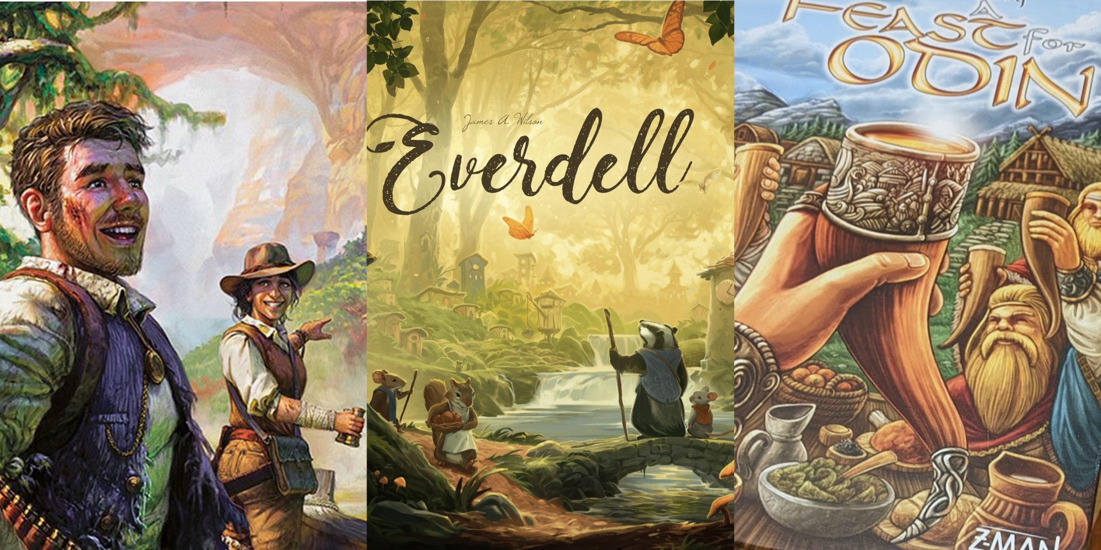 Lost Ruins of Arnak, Everdell and A Feast For Odin Box Art