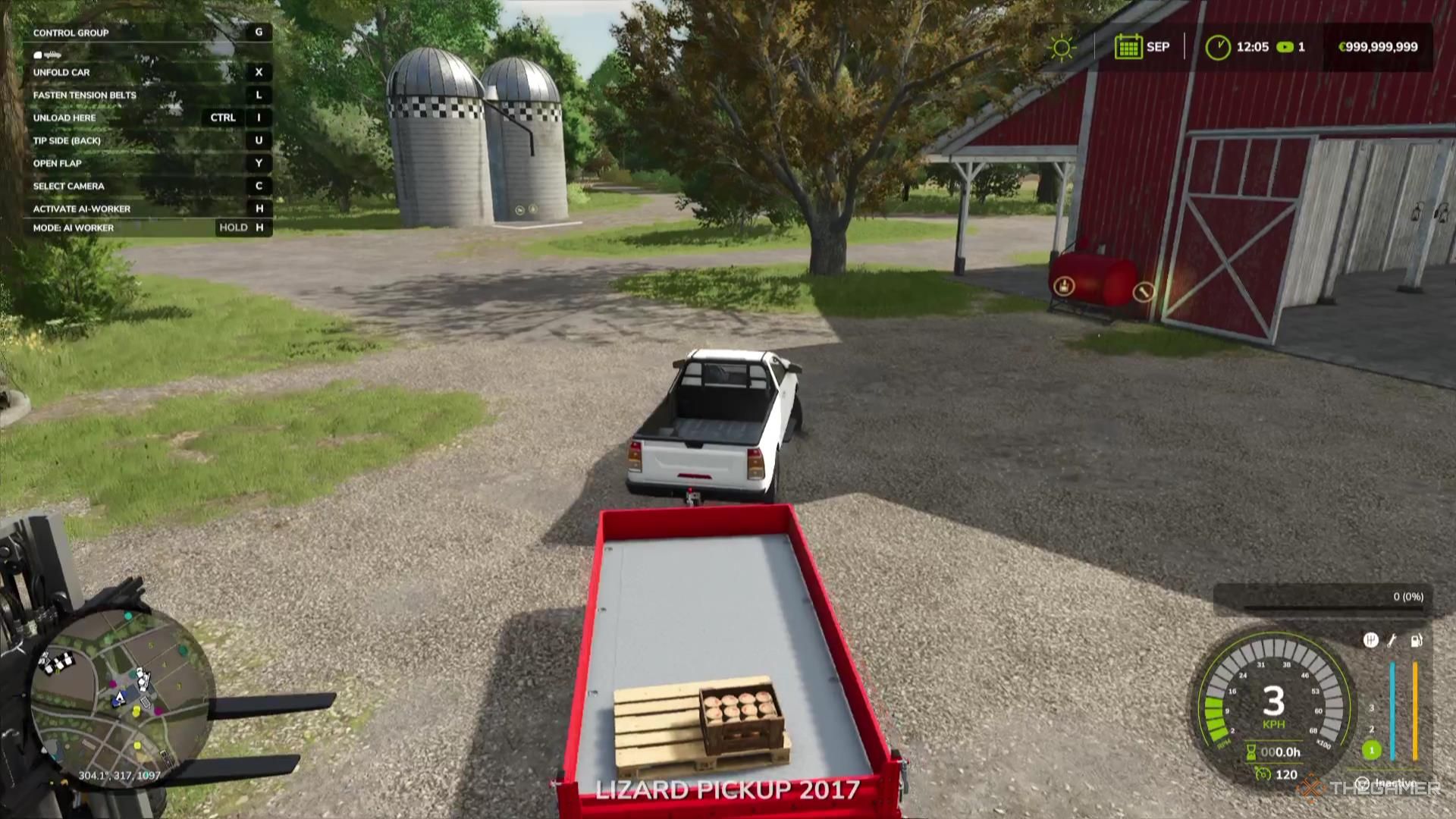 A pickup with a trailer attached to the back hauls a pallet of honey across a farm in Farming Simulator 25.