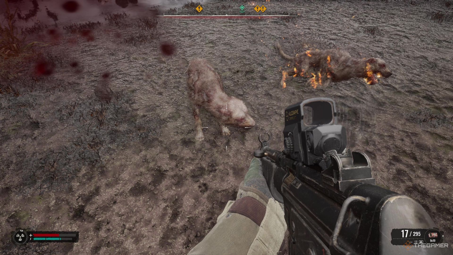 two dogs attacking the player in Stalker 2 Heart of Chornobyl.