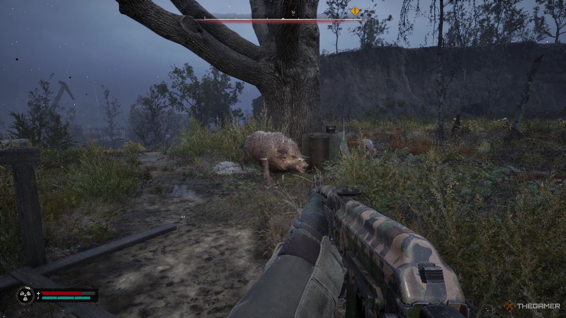 The player points his gun at a boar in Stalker 2 Heart of Chornobyl.