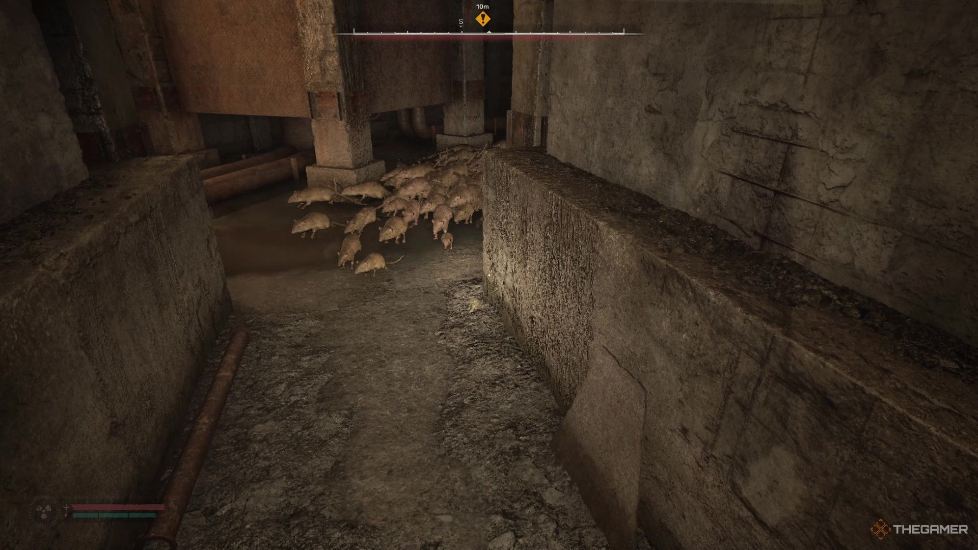 A rat swarm charges toward the player in a concrete hallway in Stalker 2 Heart of Chornobyl.