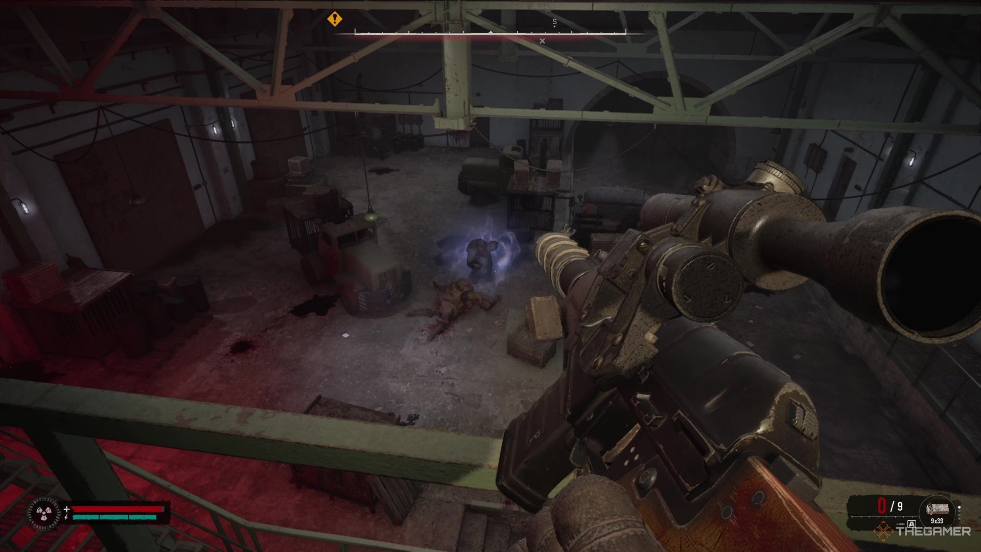 a burer in a warehouse using gravity powers to attack the player in Stalker 2 Heart of Chornobyl.