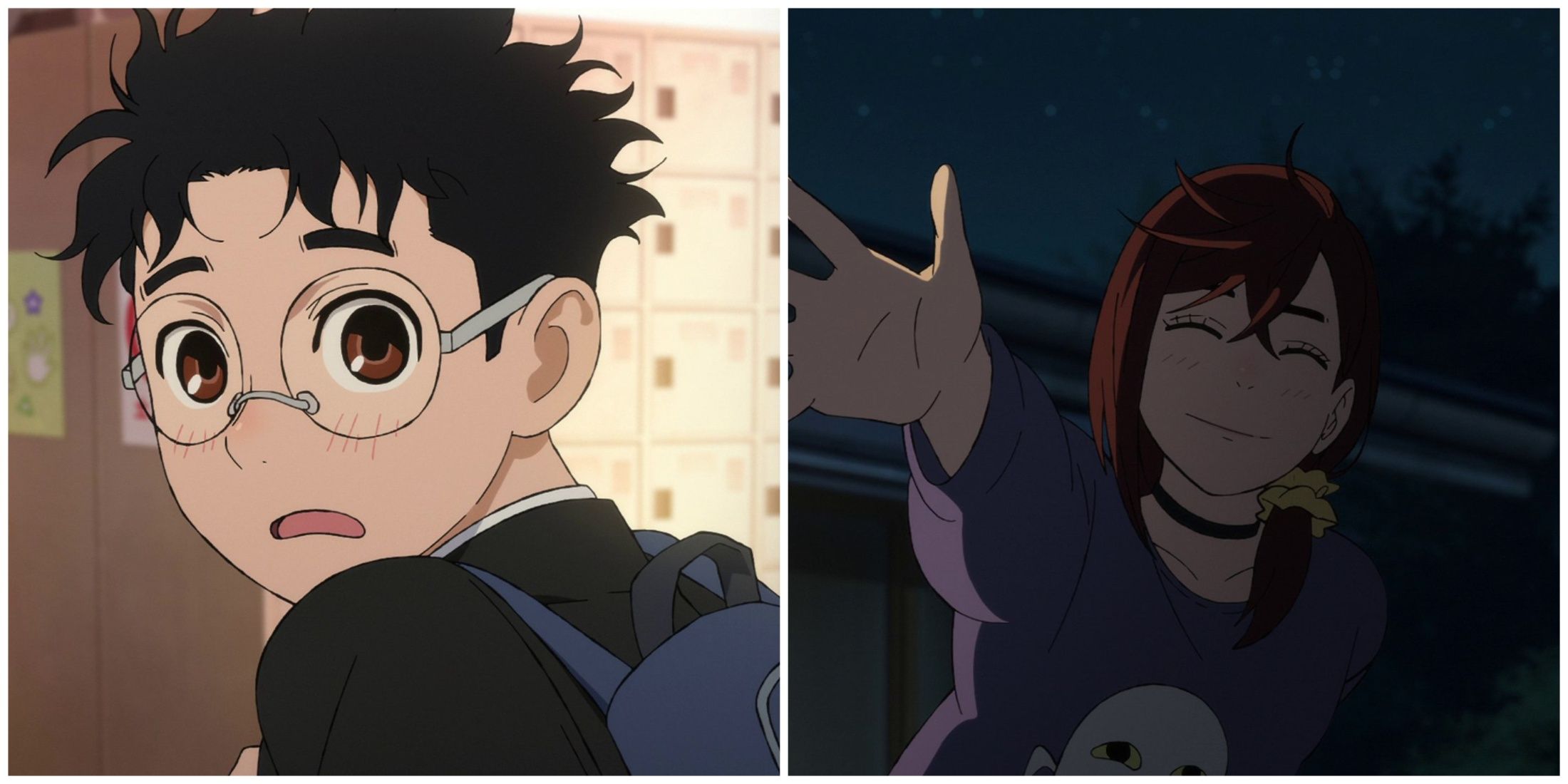 Split image of Okarun looking at Momo and Momo smiling and waving at Okarun in Dandadan