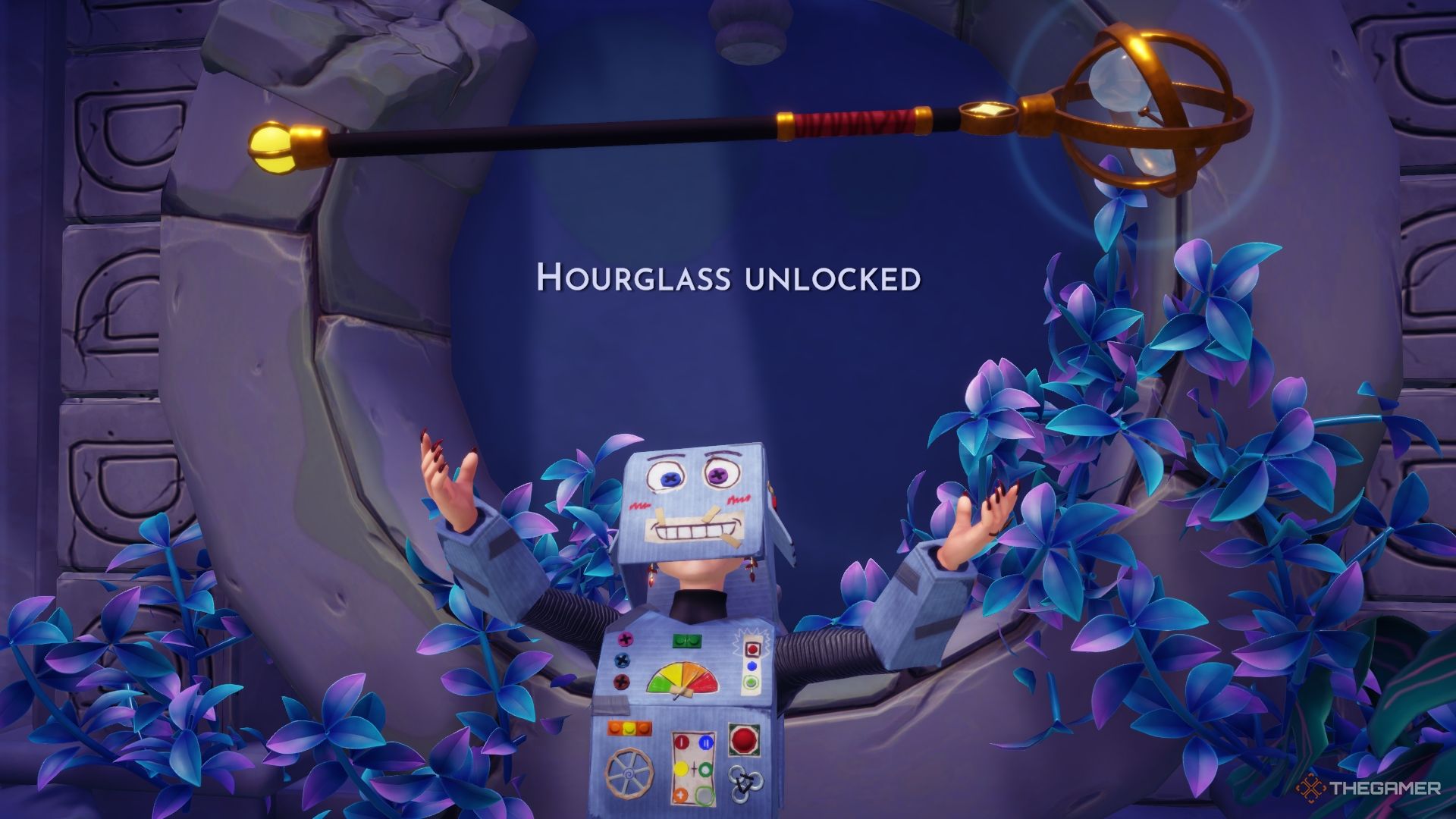 Unlocking the Royal Hourglass Disney Dreamlight Valley using a staff.