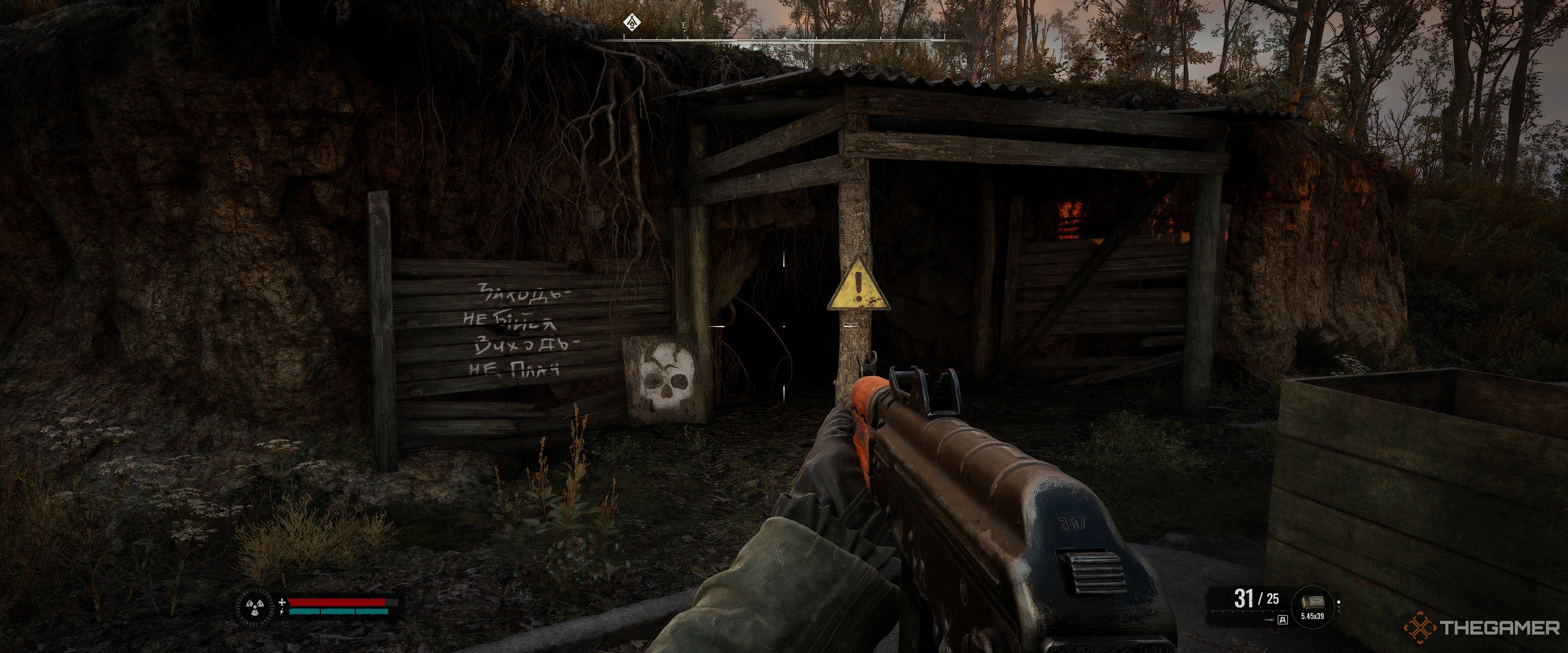 A skull marked cave in Stalker 2: Heart of Chornobyl.