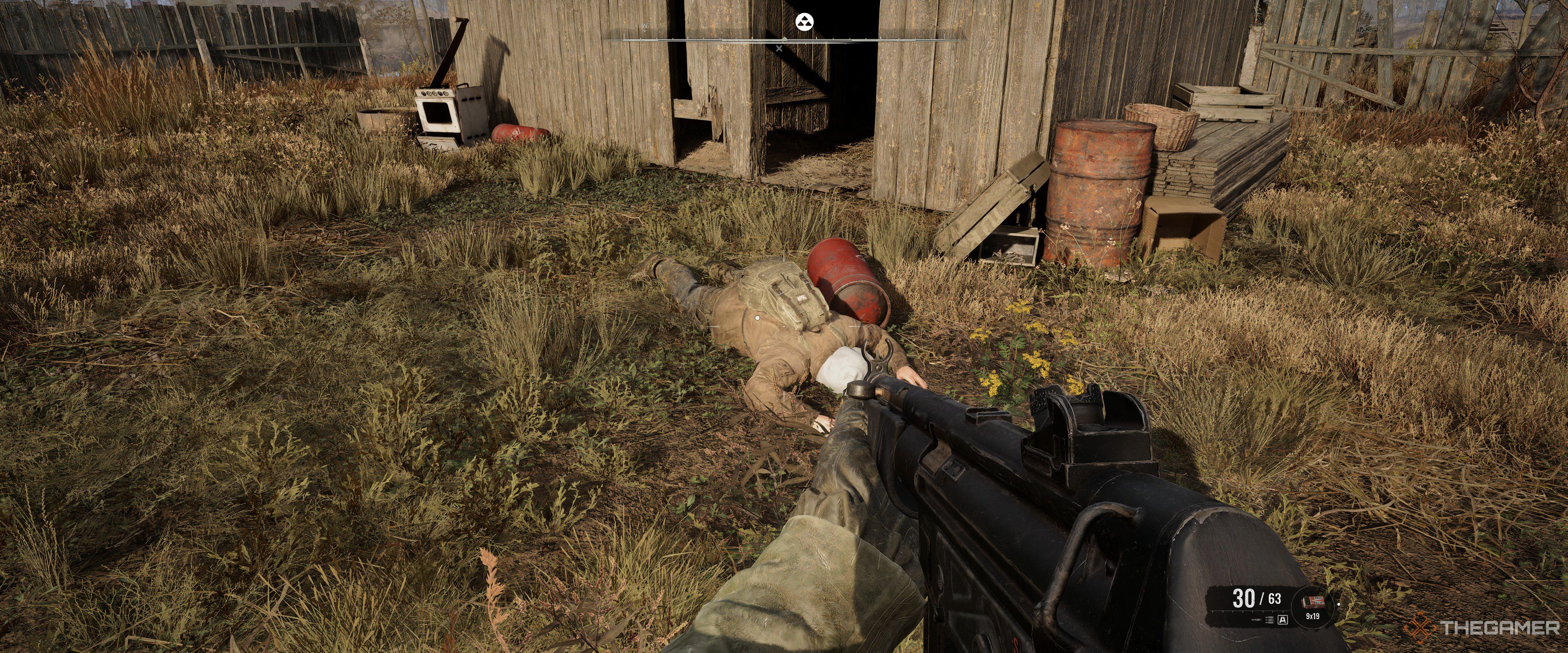 A corpse near the poppy field in Stalker 2: Heart of Chornobyl.