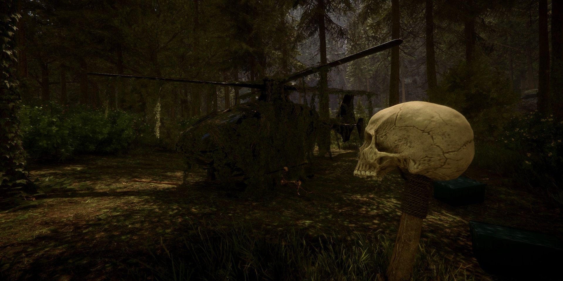 A skull mounted on a stake in front of a helicopter in Sons of the Forest