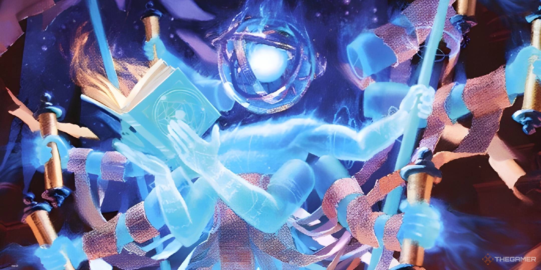 A spectral form made up of blue mana and scrolls reads a blue grimoire.