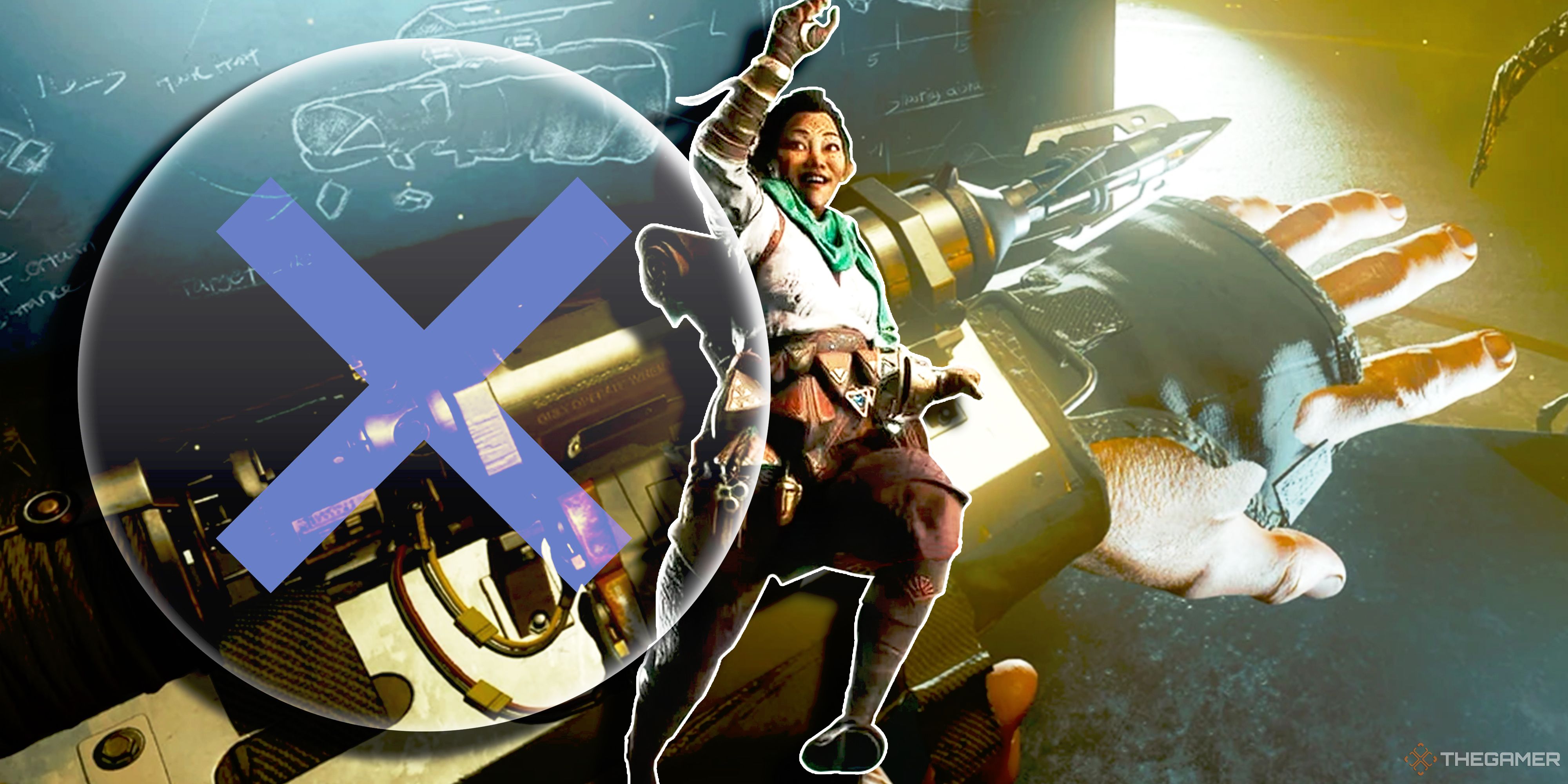 Bellara from Dragon Age: The Veilguard jumping into the air with a big blue X button superimposed over the image. In the background, the grapple gun from Call of Duty: Black Ops 6.