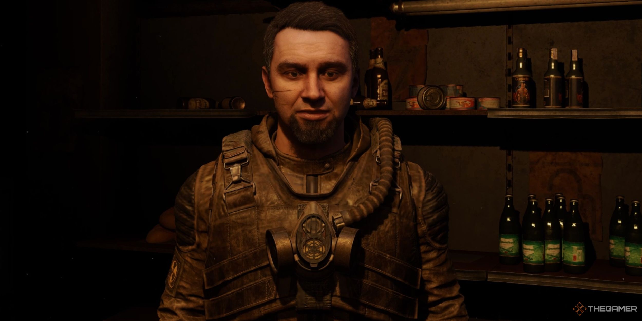 Boozer looking directly at the camera with a concerned look on his face in Stalker 2: Heart of Chornobyl.