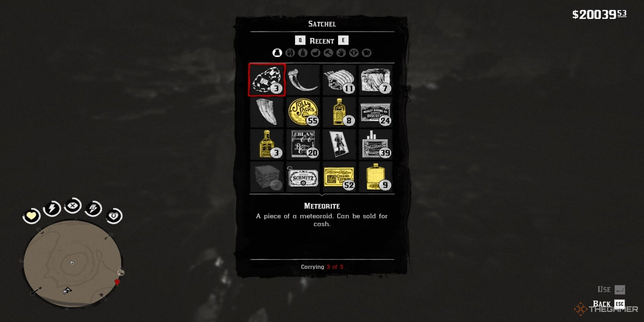 Red Dead Redemption 2 satchel showing 3 out of 3 Meteorites.