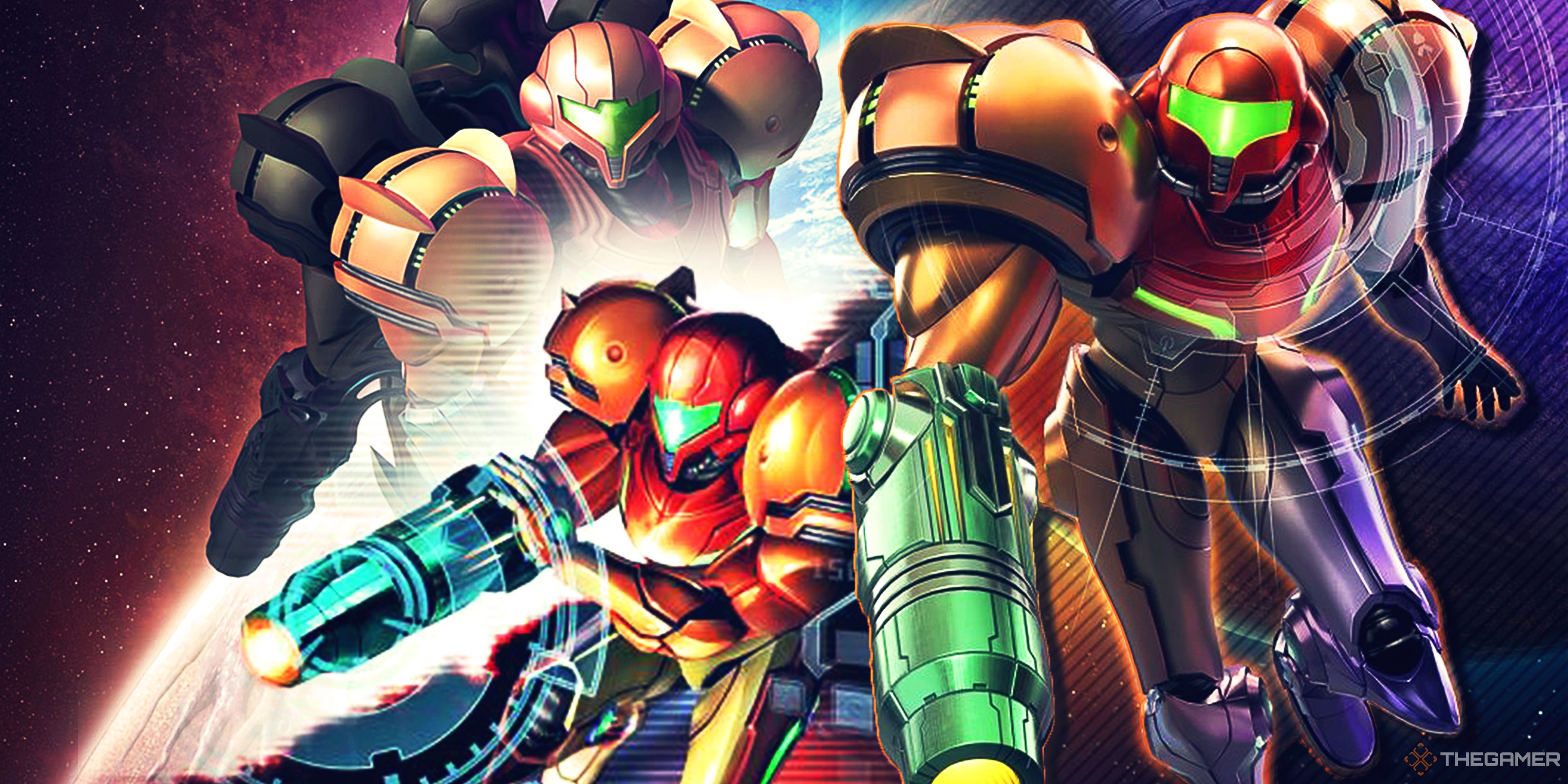 Collage image combining key art of Samus Aran from various Metroid Prime games.