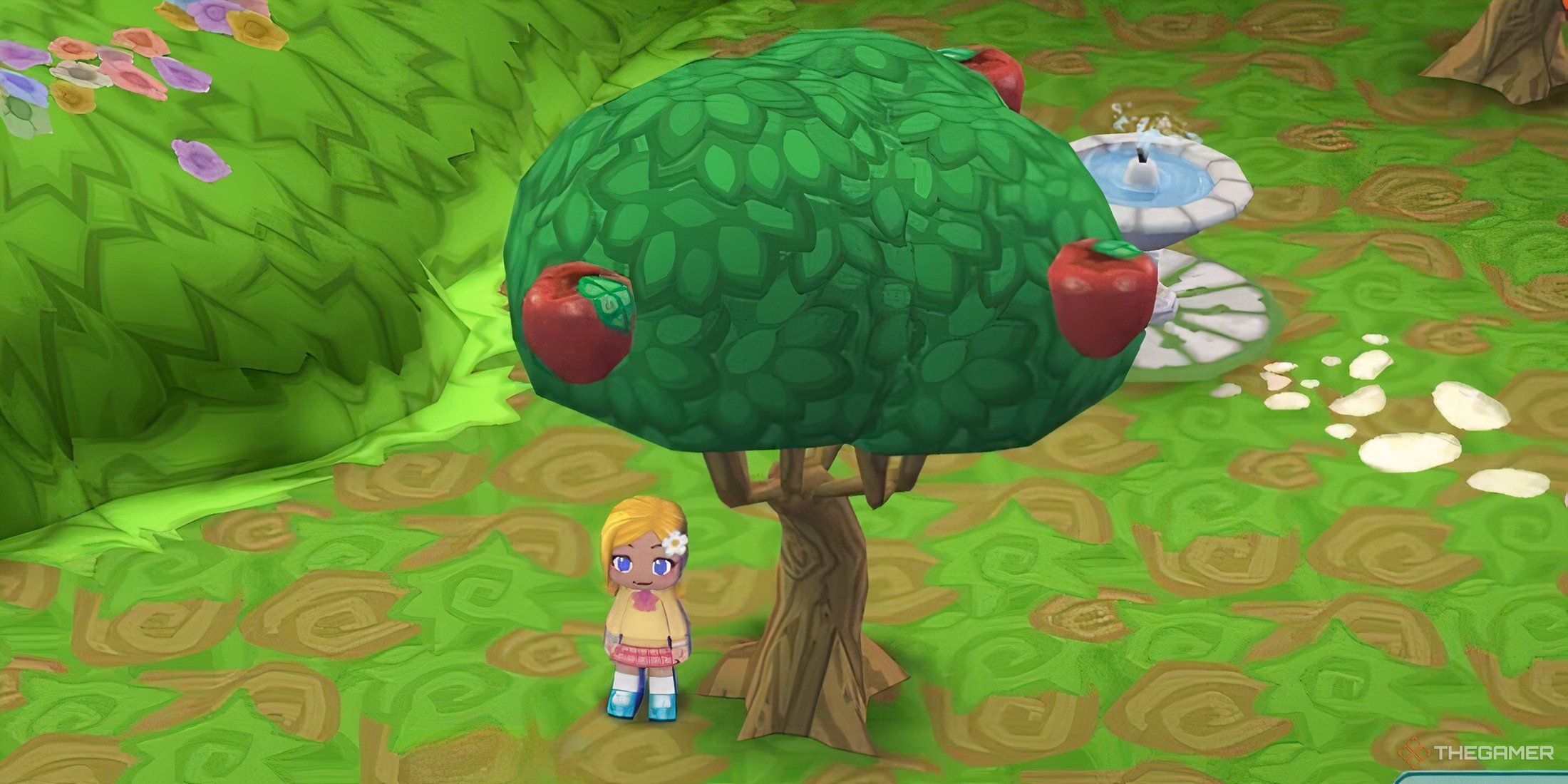 A character standing with a apple in MySims.