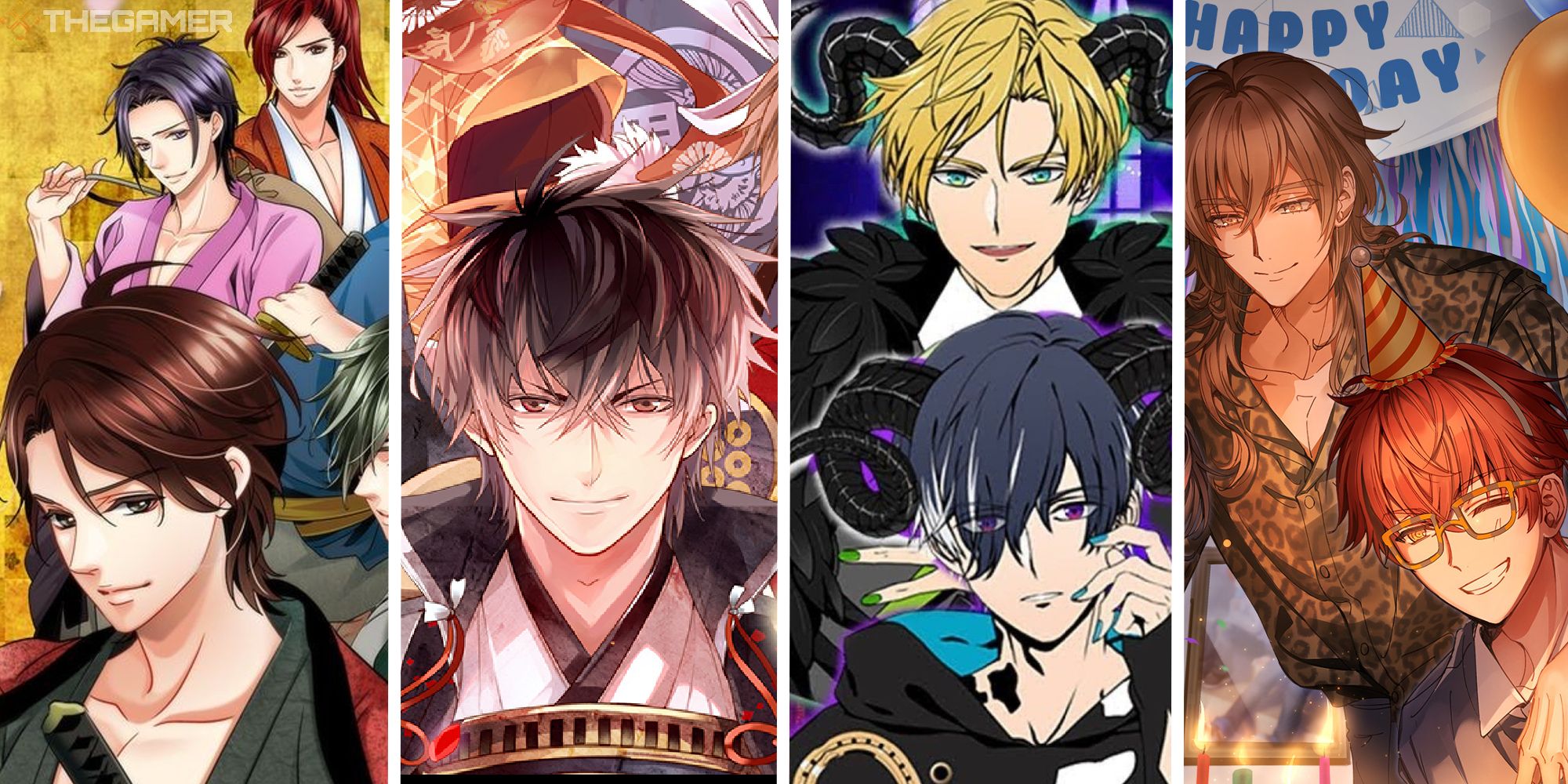 split image with art from samurai love ballad, ikemen sengoku, obey me, and mystic messenger