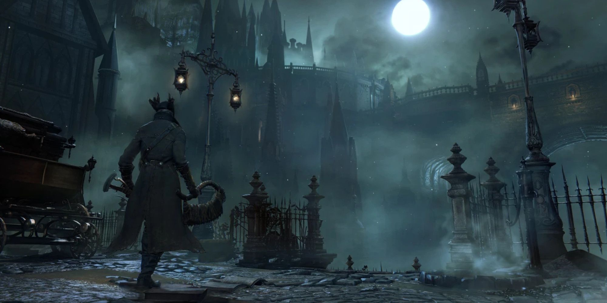 The main protagonist in Bloodborne going through a dark, wet, foggy street lit up by the glow of the moon.