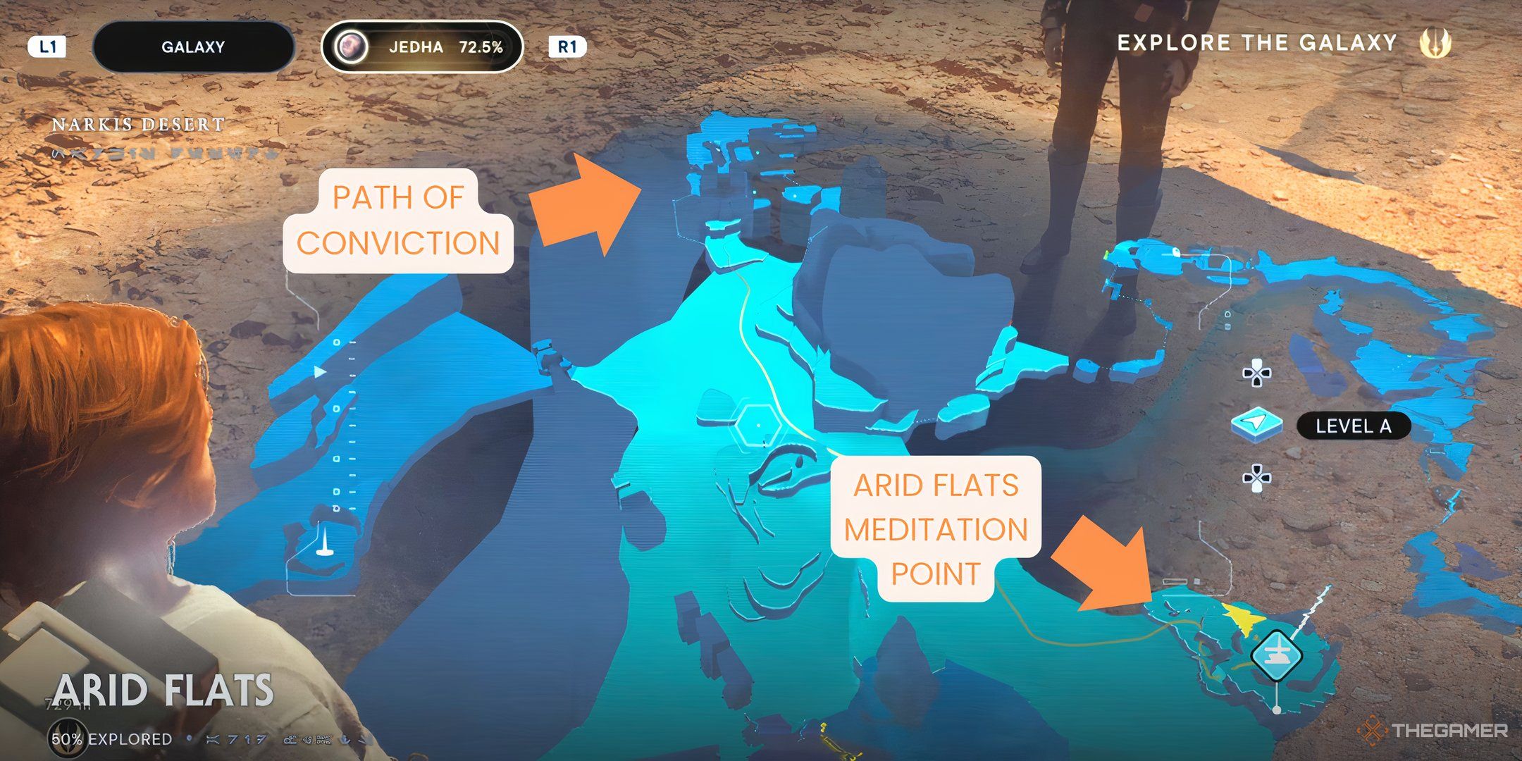 An image of the map in Star Wars Jedi: Survivor, showing the Arid Flats Meditation Point in relation to the Path of Conviction.