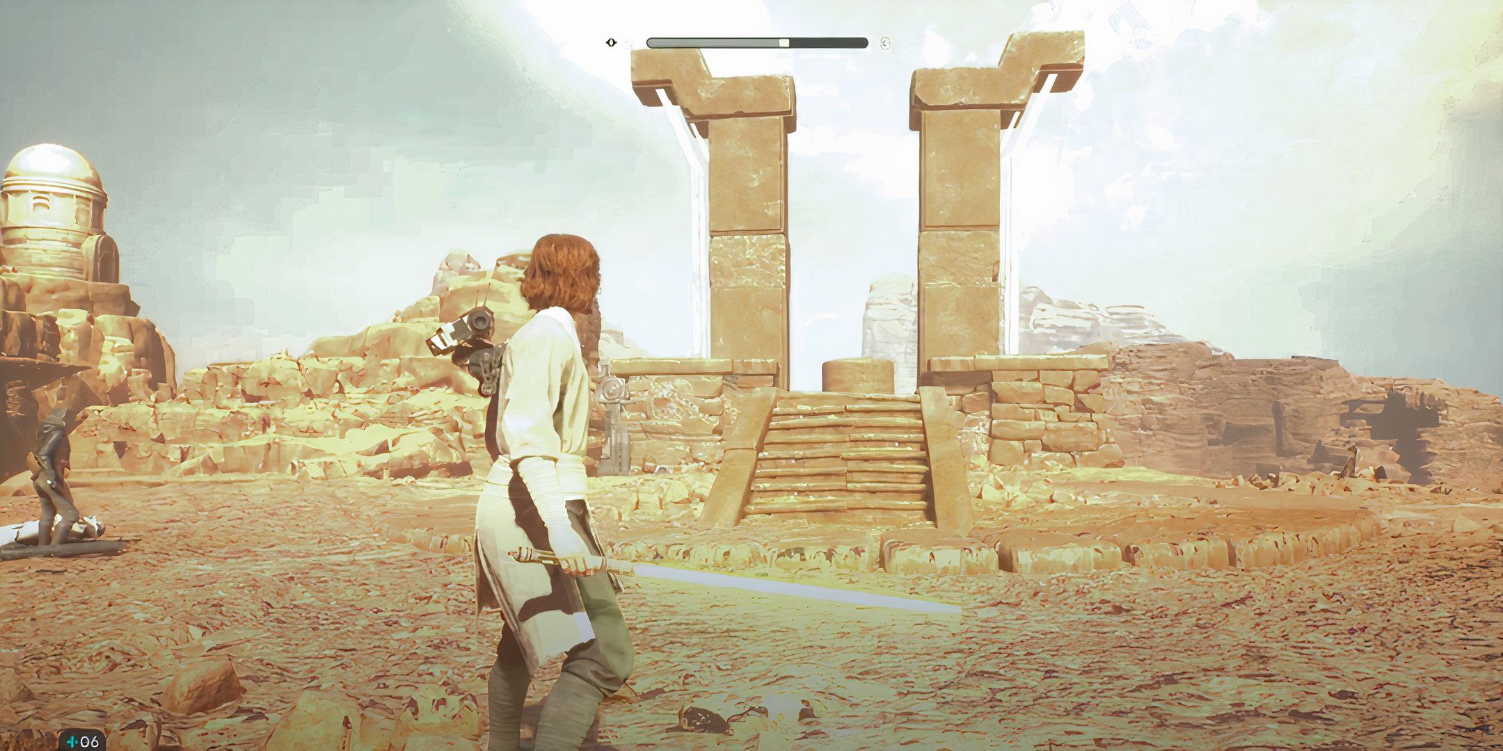 Cal Kestis standing on top of a plateau with two stone towers in Star Wars: Jedi Survivor. 