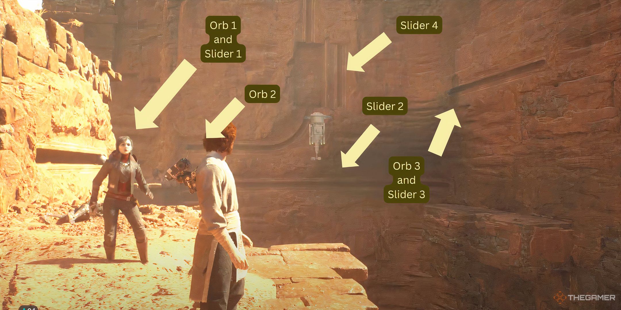 Cal Kestis across a series or Orbs and Sliders labeled with certain numbers in Star Wars: Jedi Survivor. 