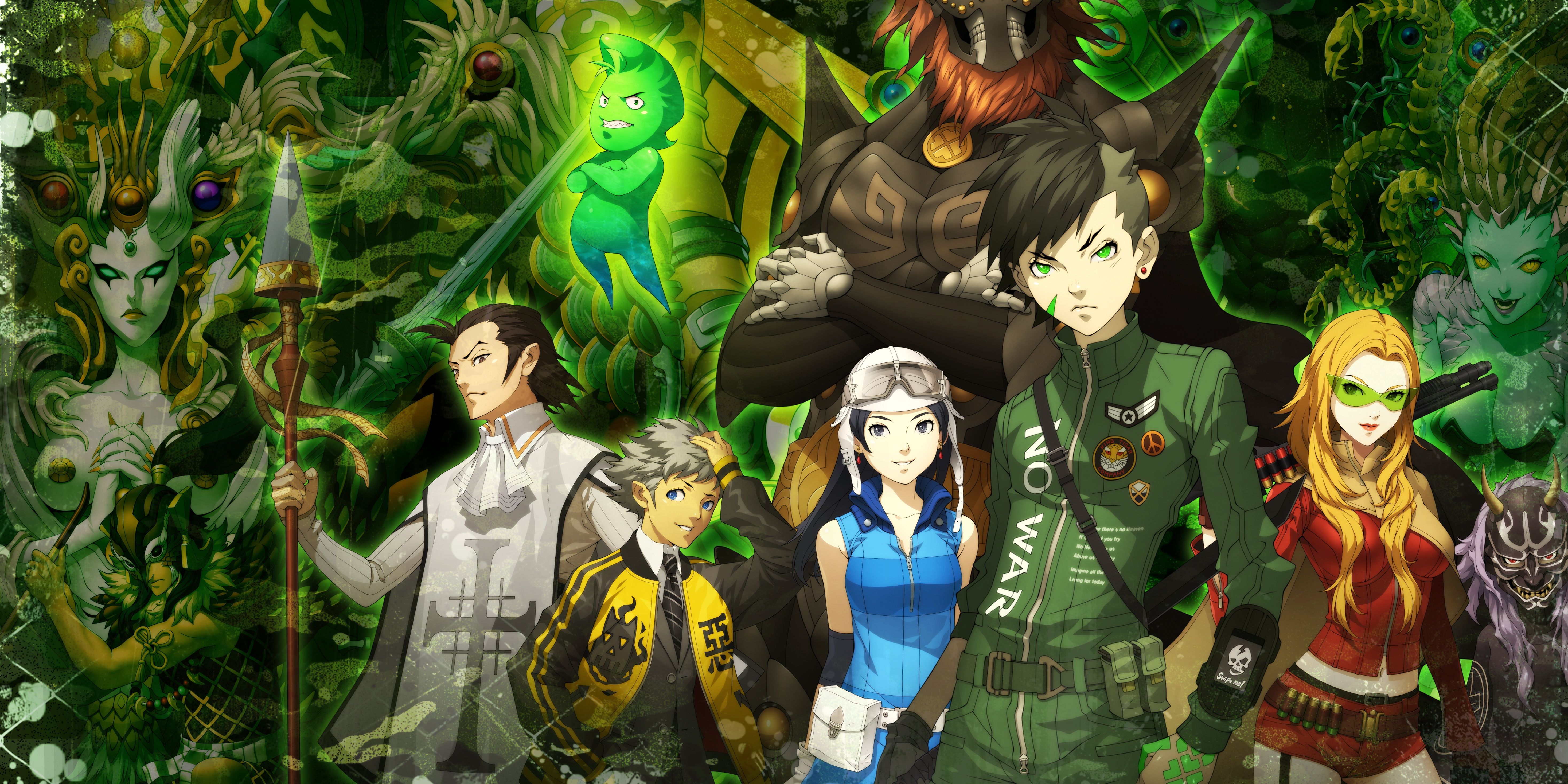 shinmegamitensei 4 apocalypse showing many characters of the cast against a murky green background