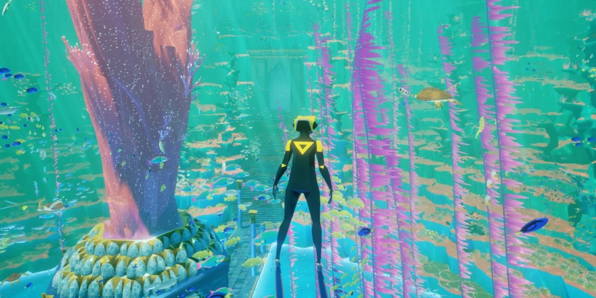 The Diver swimming under the ocean in Abzu.