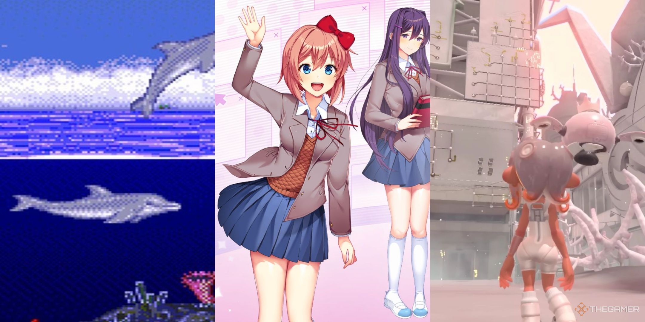 a set of dolphins in ecco the dolphin, two characters from doki doki literature club, and a character in the splatoon 3 dlc, left to right.