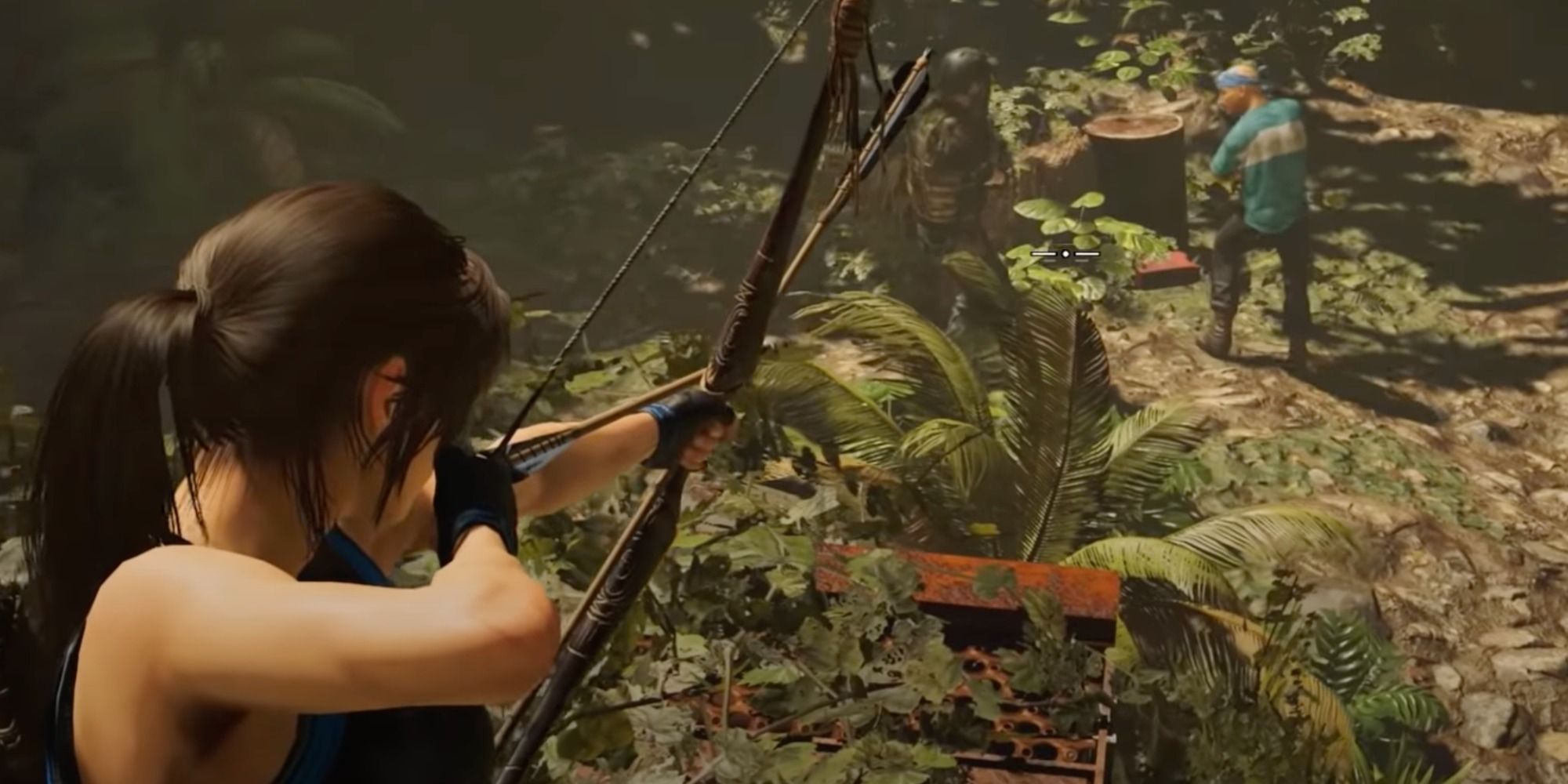 Lara using her bow in stealth in the jungle.