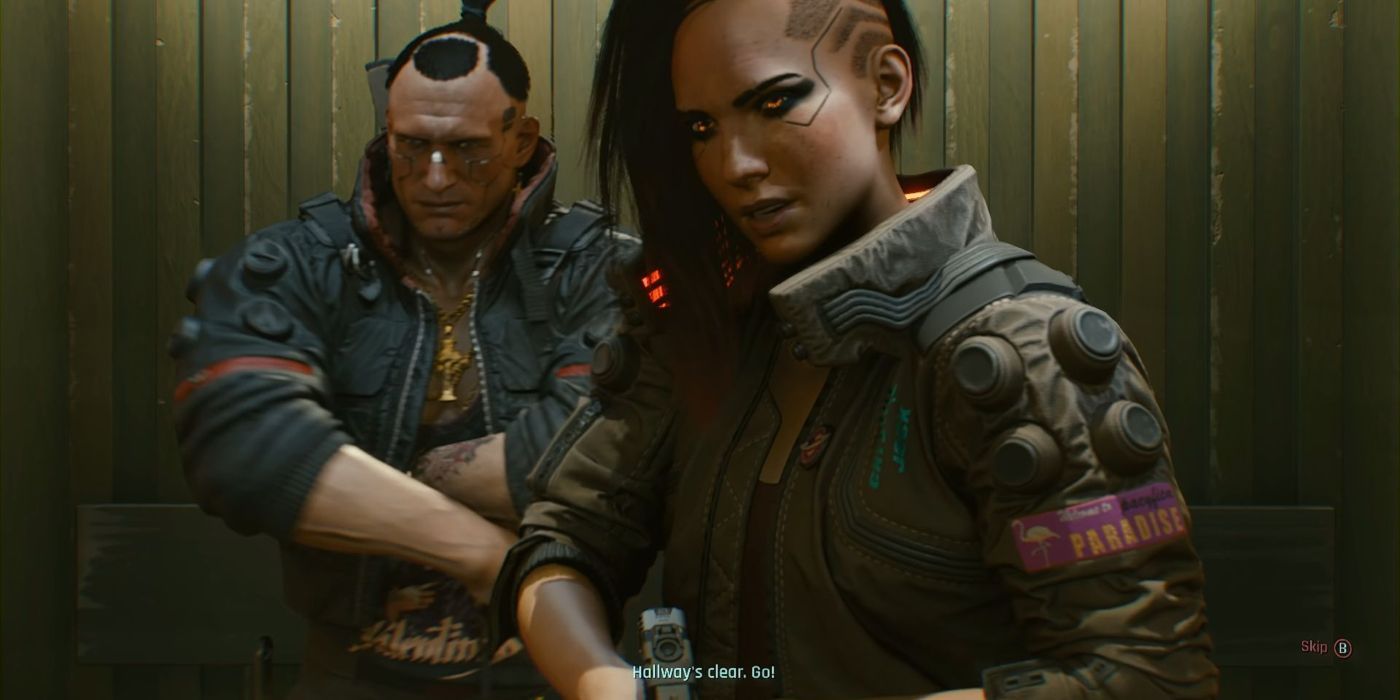 V from Cyberpunk 2077with Jackie Welles in background.