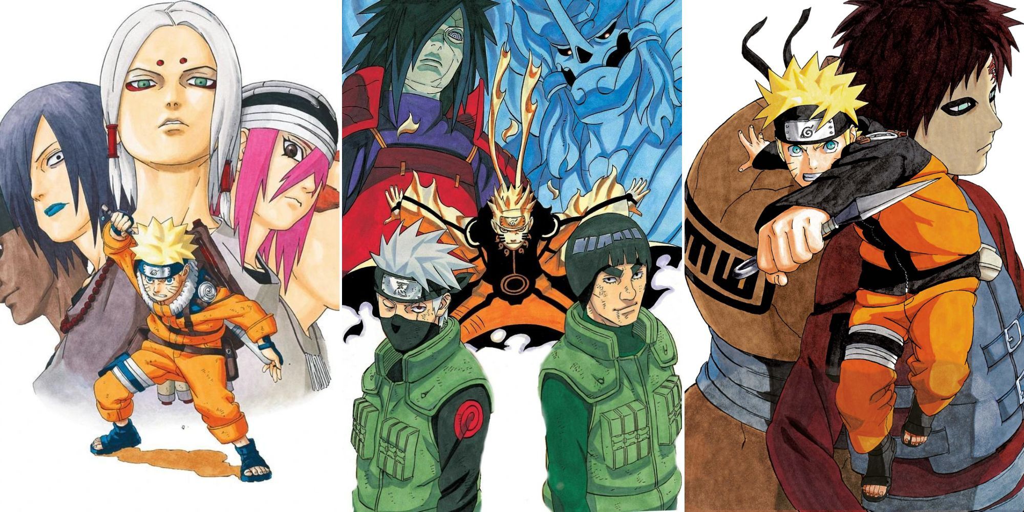 A collage of various Volume Covers that represent a long arc in the Naruto manga: the Sasuke Recovery Mission Arc, The Fourth Great Ninja War: Climax Arc and the Kazekage Recovery Mission Arc.