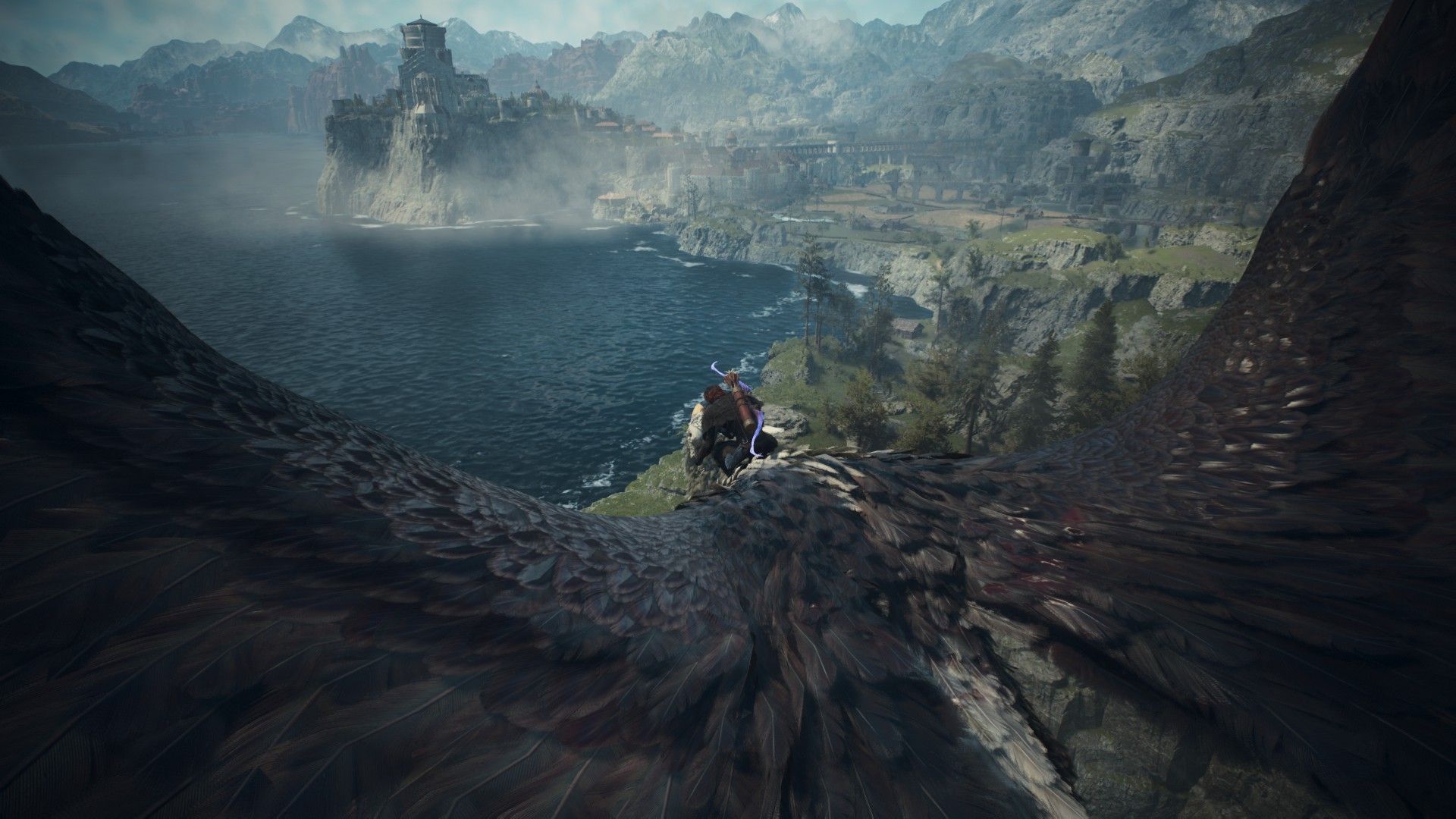 The Arise riding a Griffin in Dragon's Dogma 2 with the city of Vernworth in the distance