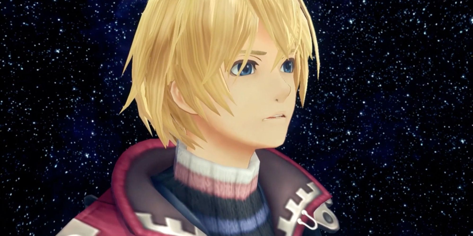 A screenshot from Xenoblade Chronicles Definitive Edition, showing Shulk floating in space staring offscreen