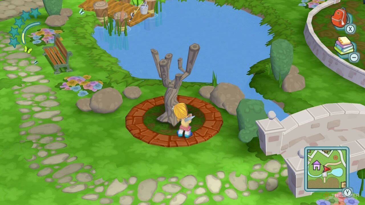 A MySims character chopping down a tree.