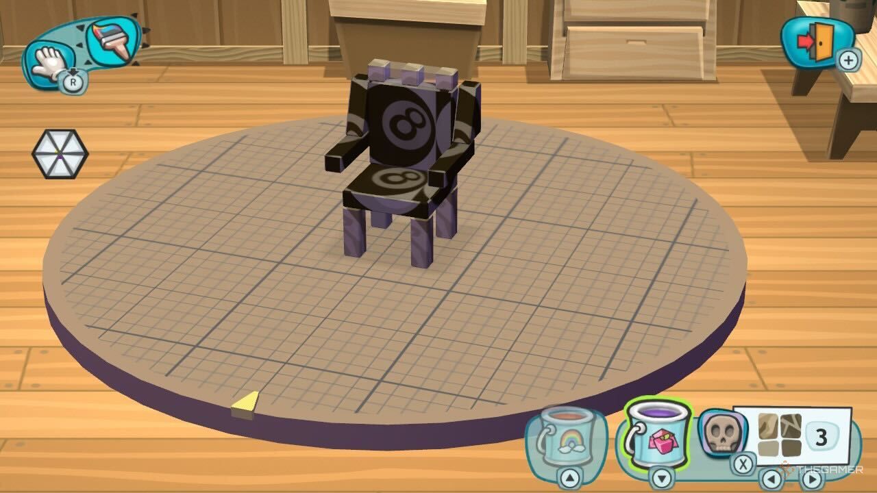 A MySims character building a fun chair.