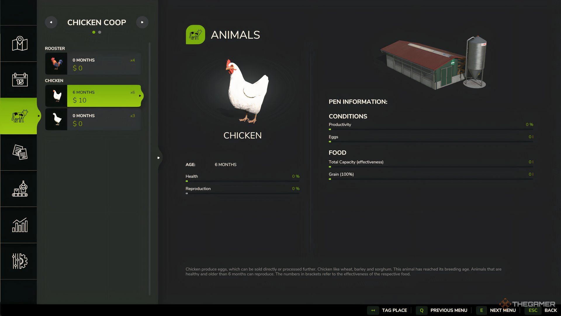 Farming Simulator 25 Chicken Coop menu showing a white chicken.