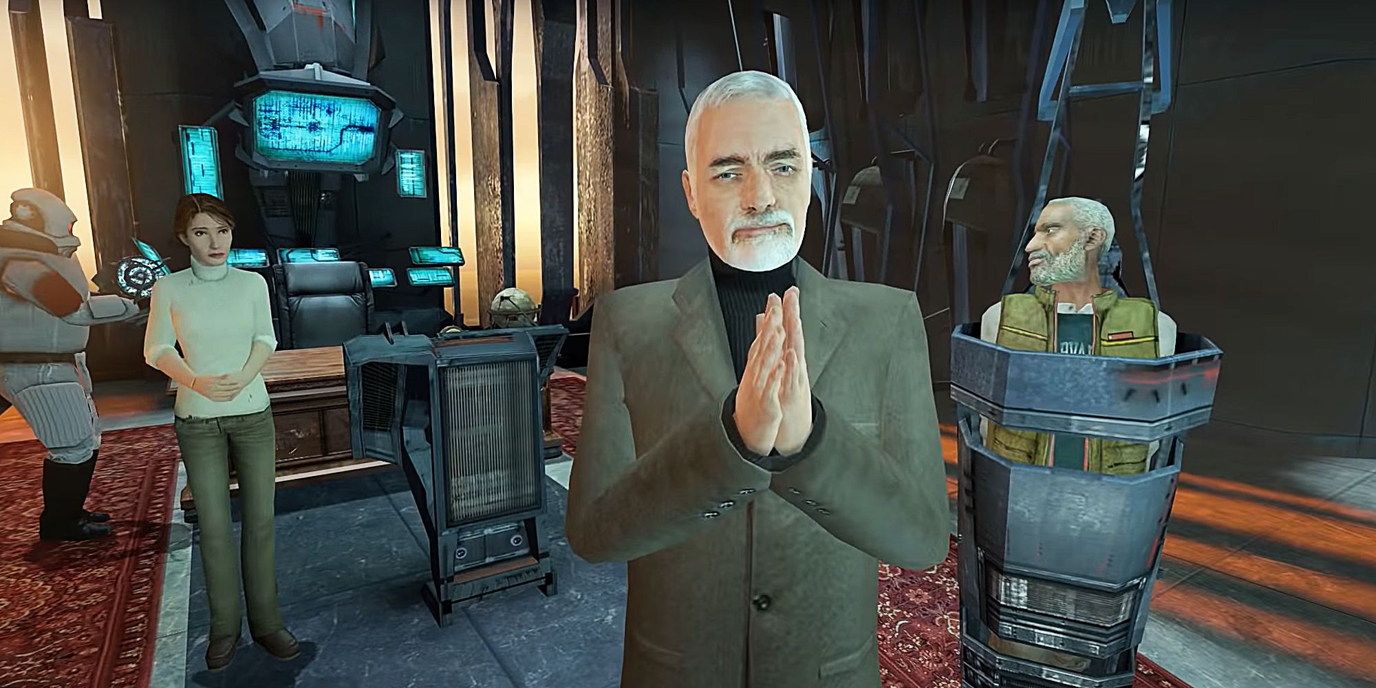 Dr Wallace Breen talking to Gordon Freeman with Judith Mossman and Eli Vance in Half-Life 2.