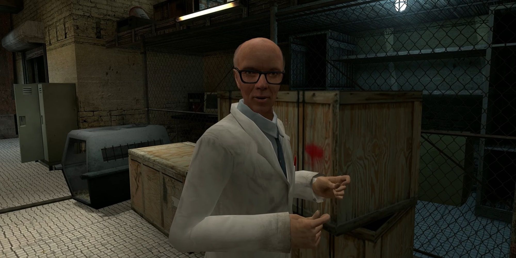 Dr. Isaac Kleiner talking to Gordon Freeman in Half-Life 2.