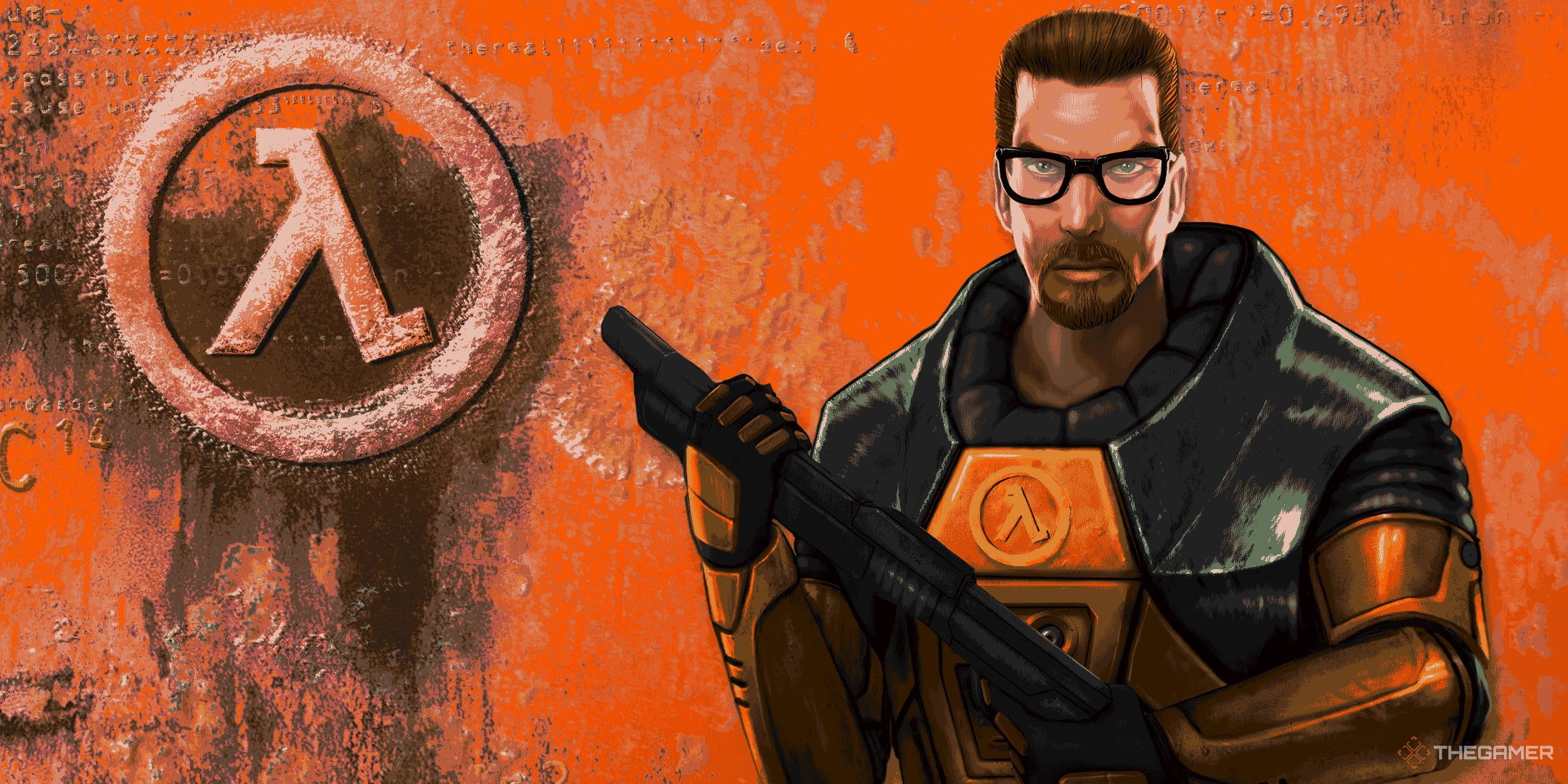 Gordon Freeman with a shotgun standing beside the Half-Life symbol.