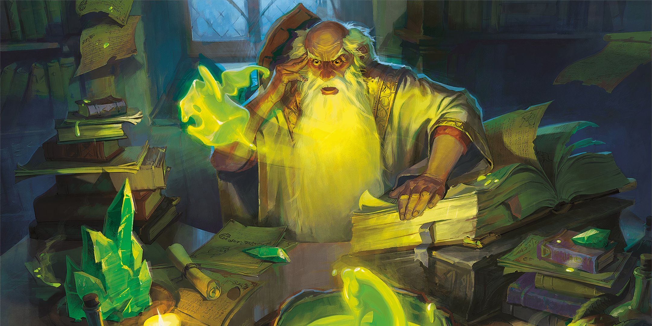 A wizard in a green study casts a magic spell, as a creepy green phantom emerges from a pot of slime from D&D.