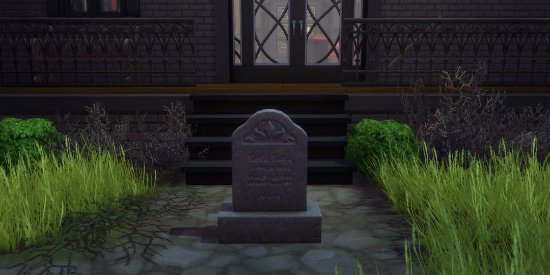 A classic stone gravestone resembling previous entries in the series sits on the ground.