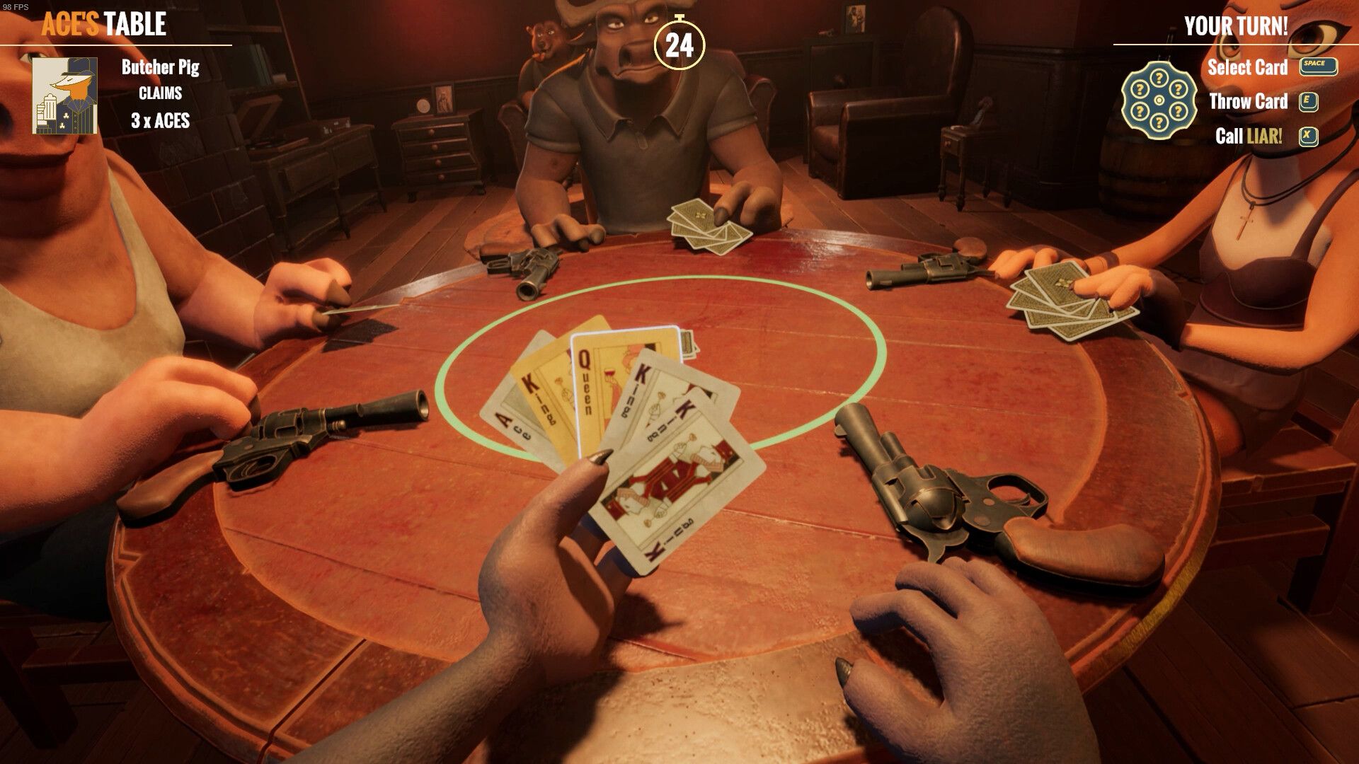 Four animals play with guns and cards in a bar