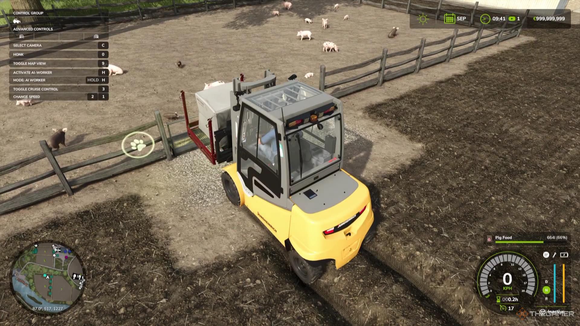 Using a forklift to deliver pig food to pigs in Farming Simulator 25.