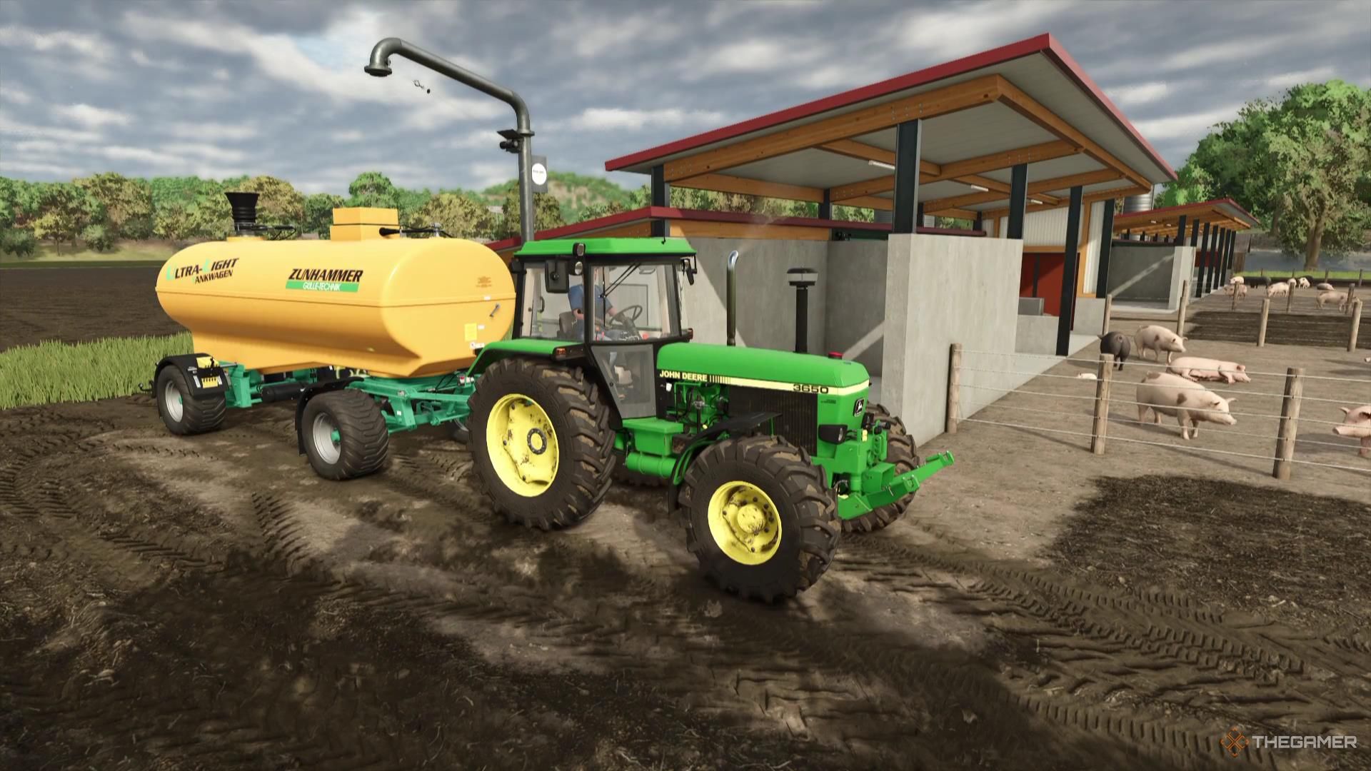 A tractor pulls a container of slurry in Farming Simulator 25.