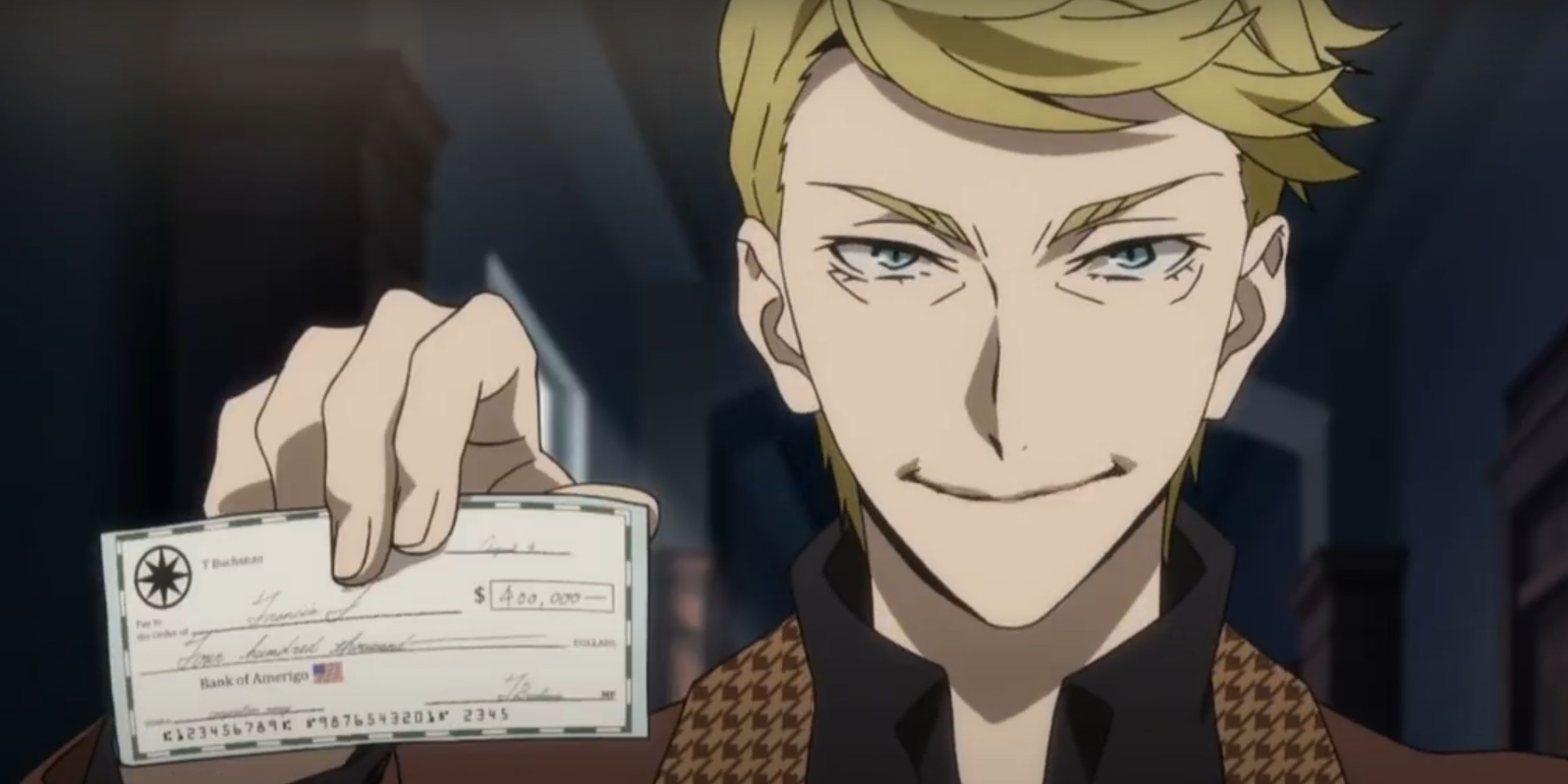 Francis Fitzgerald flashes a signed cheque in Bungo Stray Dogs.