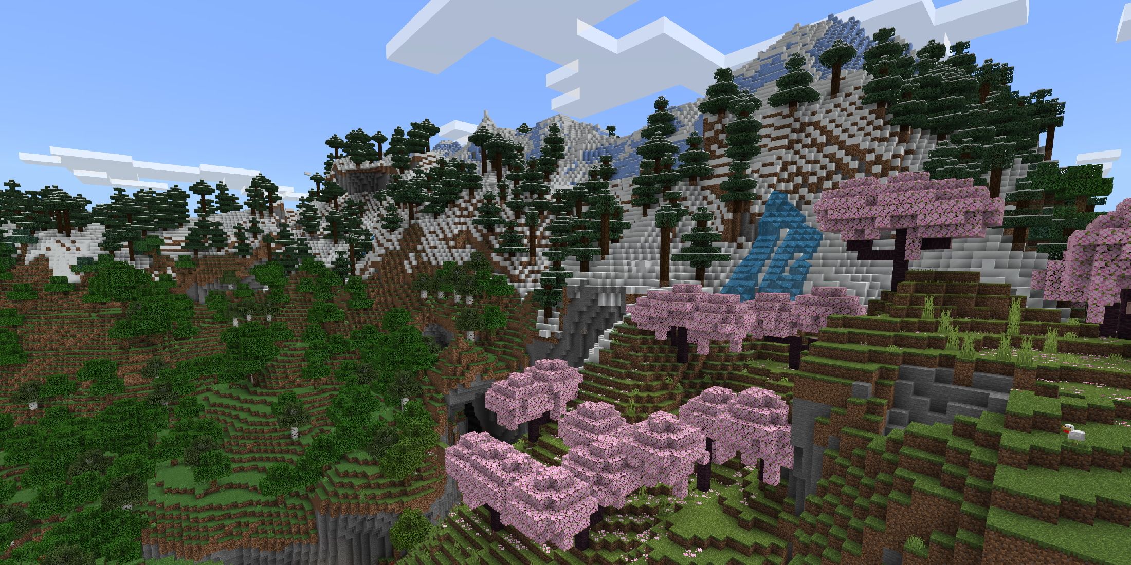 A screenshot from Minecraft showing a forest on the side of a mountain.