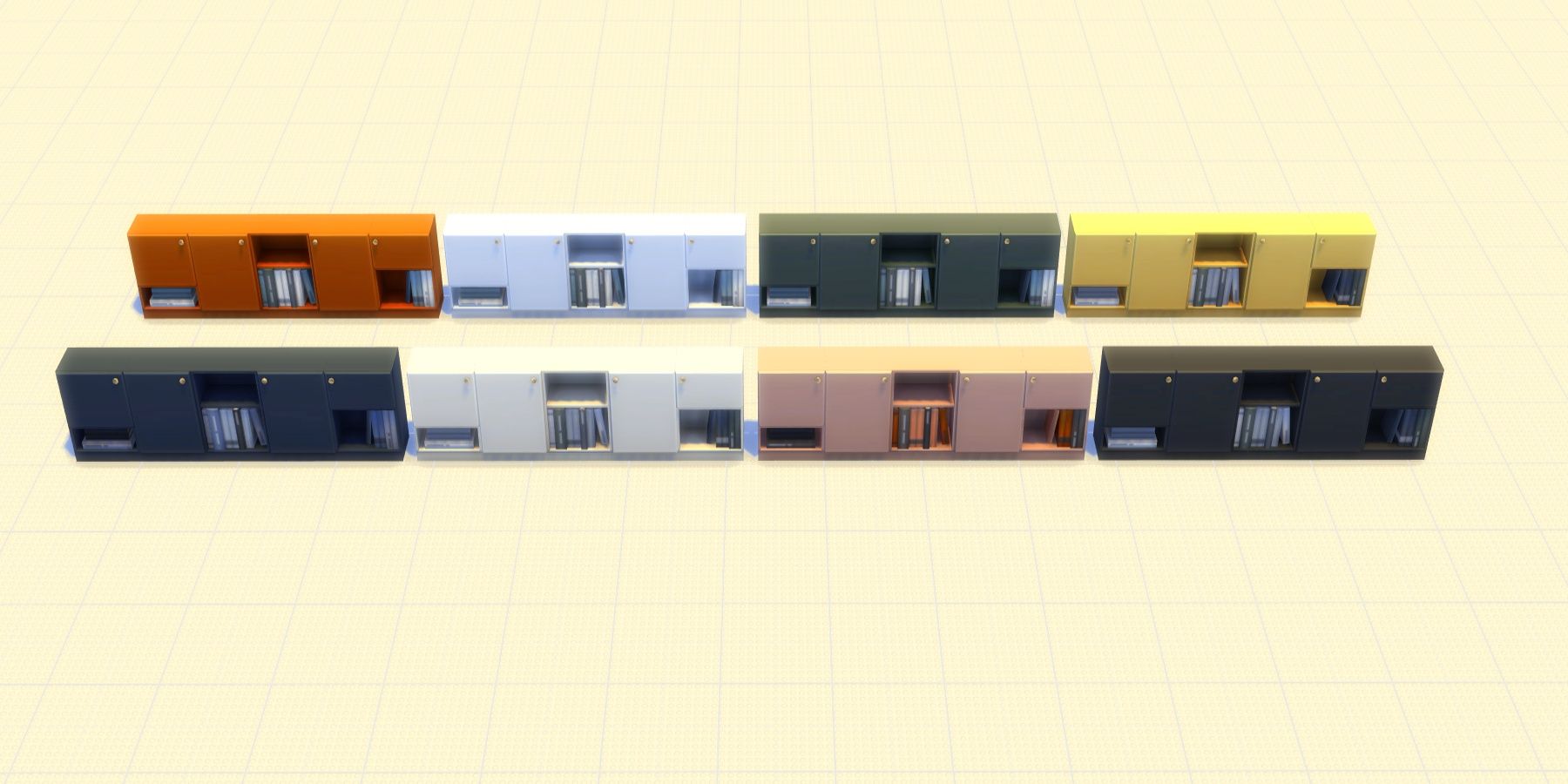 Image of all the colors of the the three pieces of cabinet from the Cozy Kitsch Kit from The Sims 4.