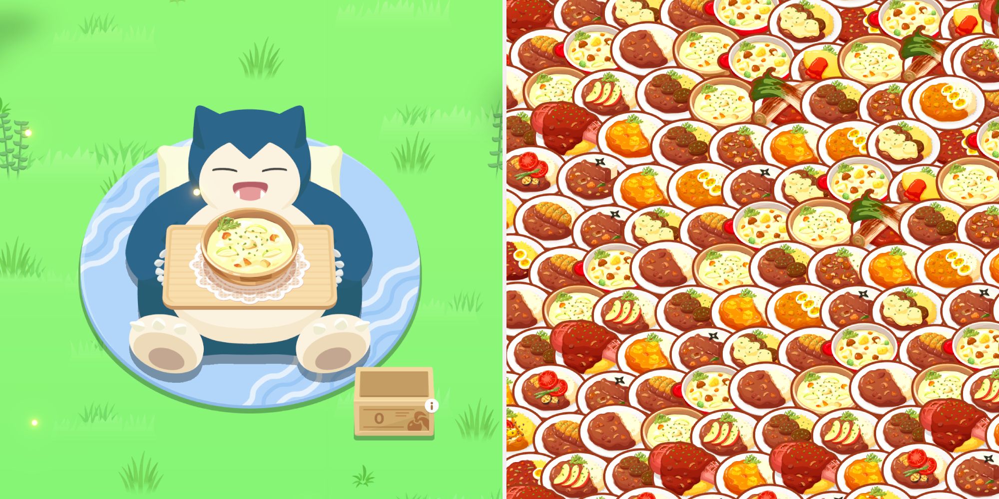 Snorlax prepares to eat Simple Chowder, next to repeating icons of all curry dishes.