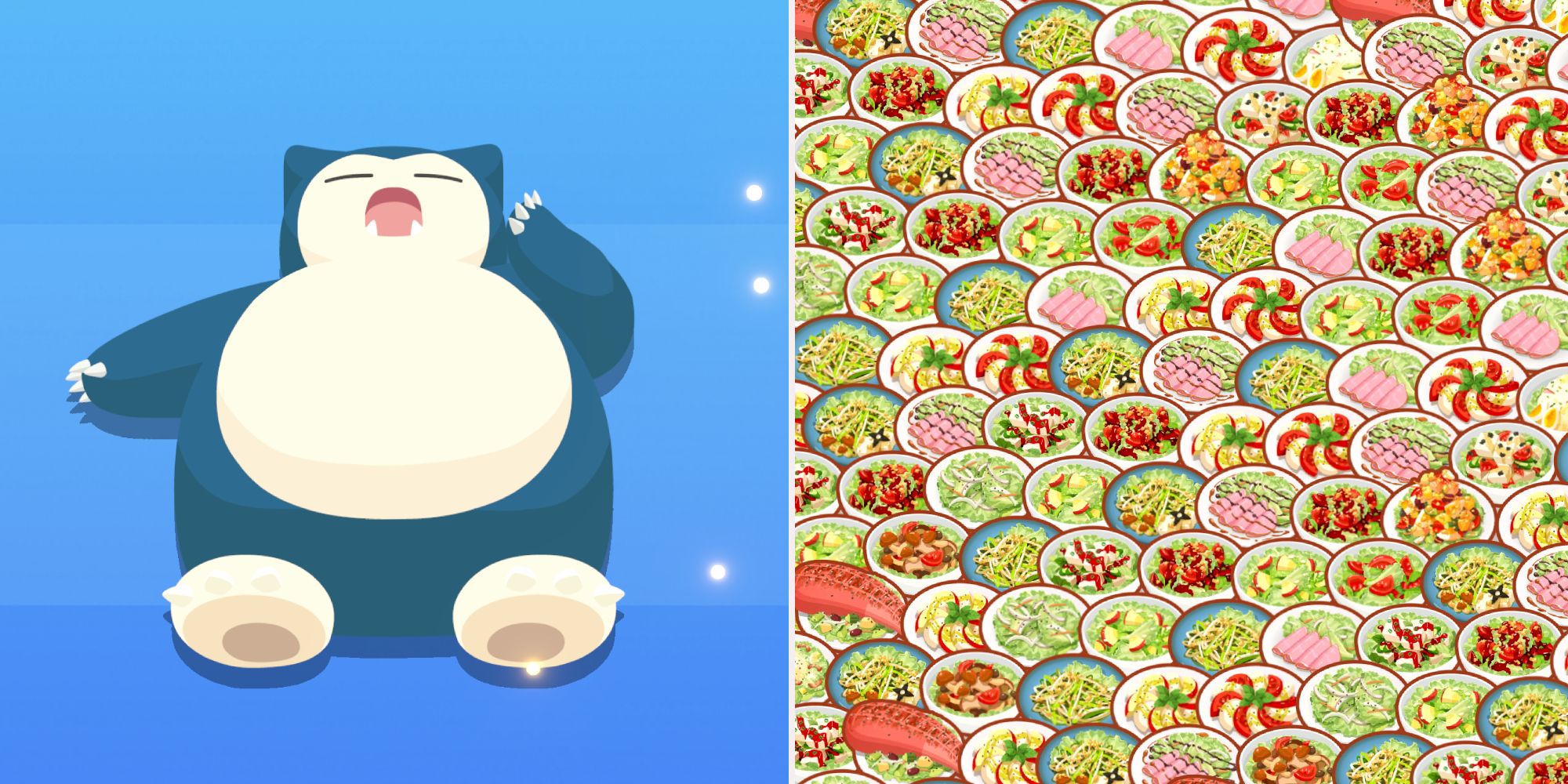 Snorlax yawns next to repeating icons of all salad dishes in Pokemon Sleep.