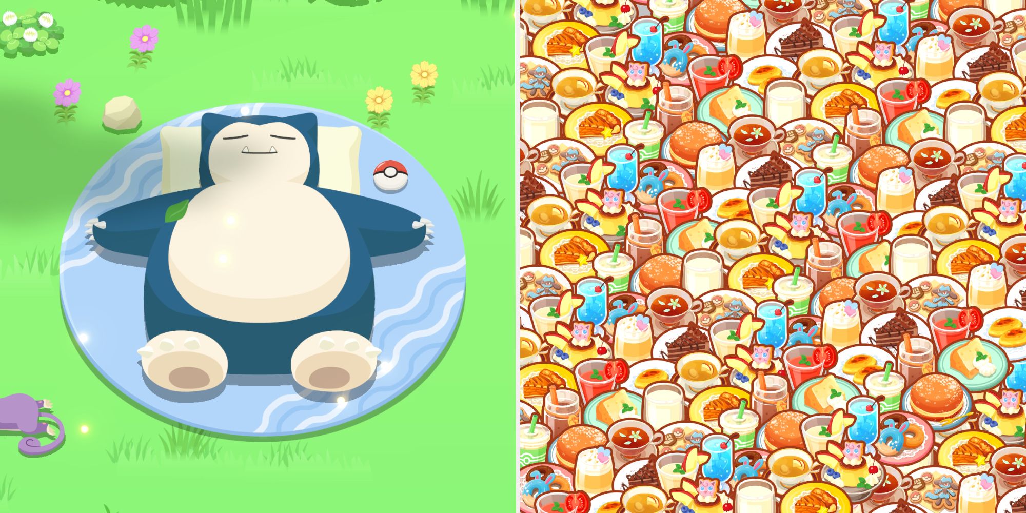 Snorlax lays down, next to repeating icons of all desserts and drinks in Pokemon Sleep.